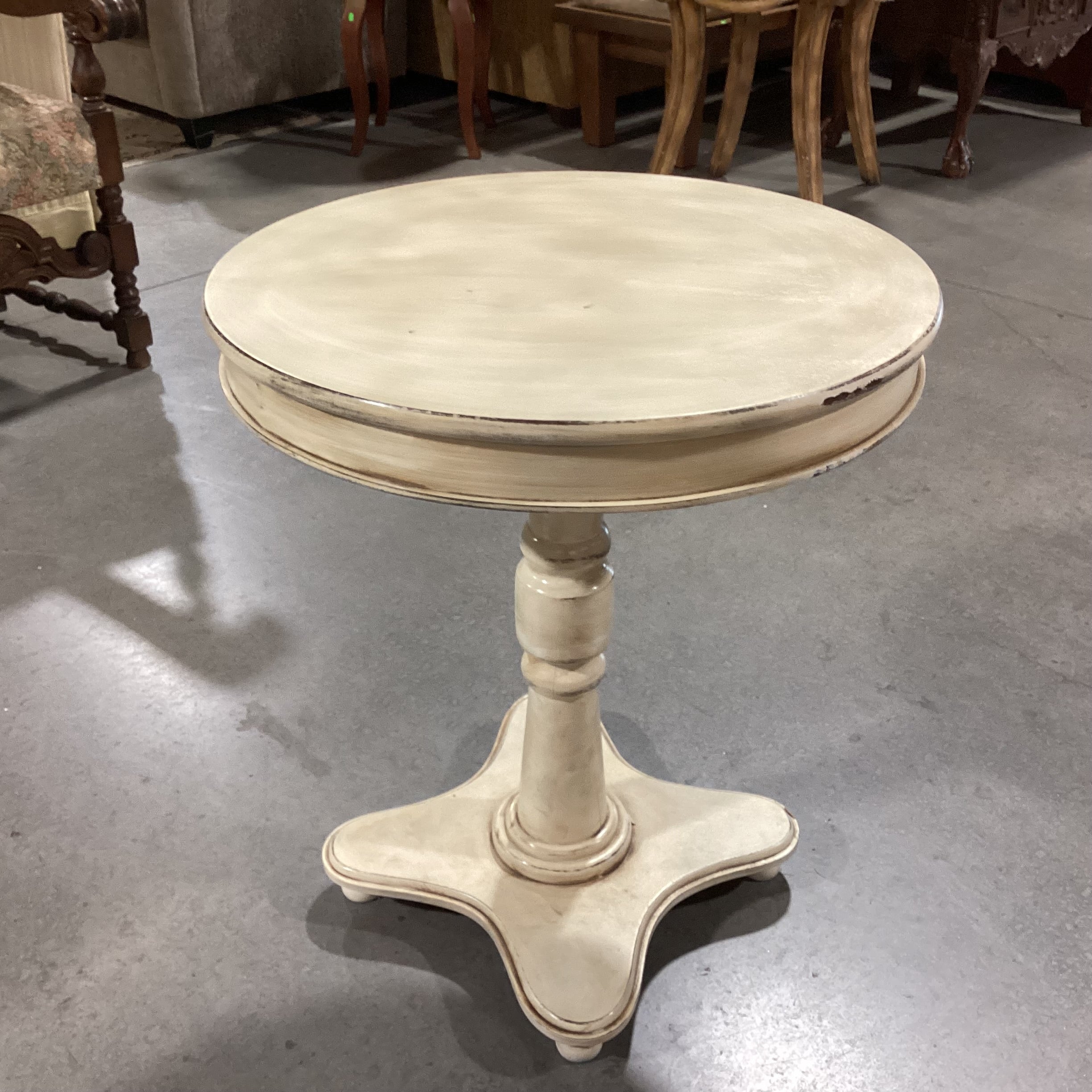 Cream Antiqued Finish Wood with Pedestal Round End Table 24" Diameter X 28"