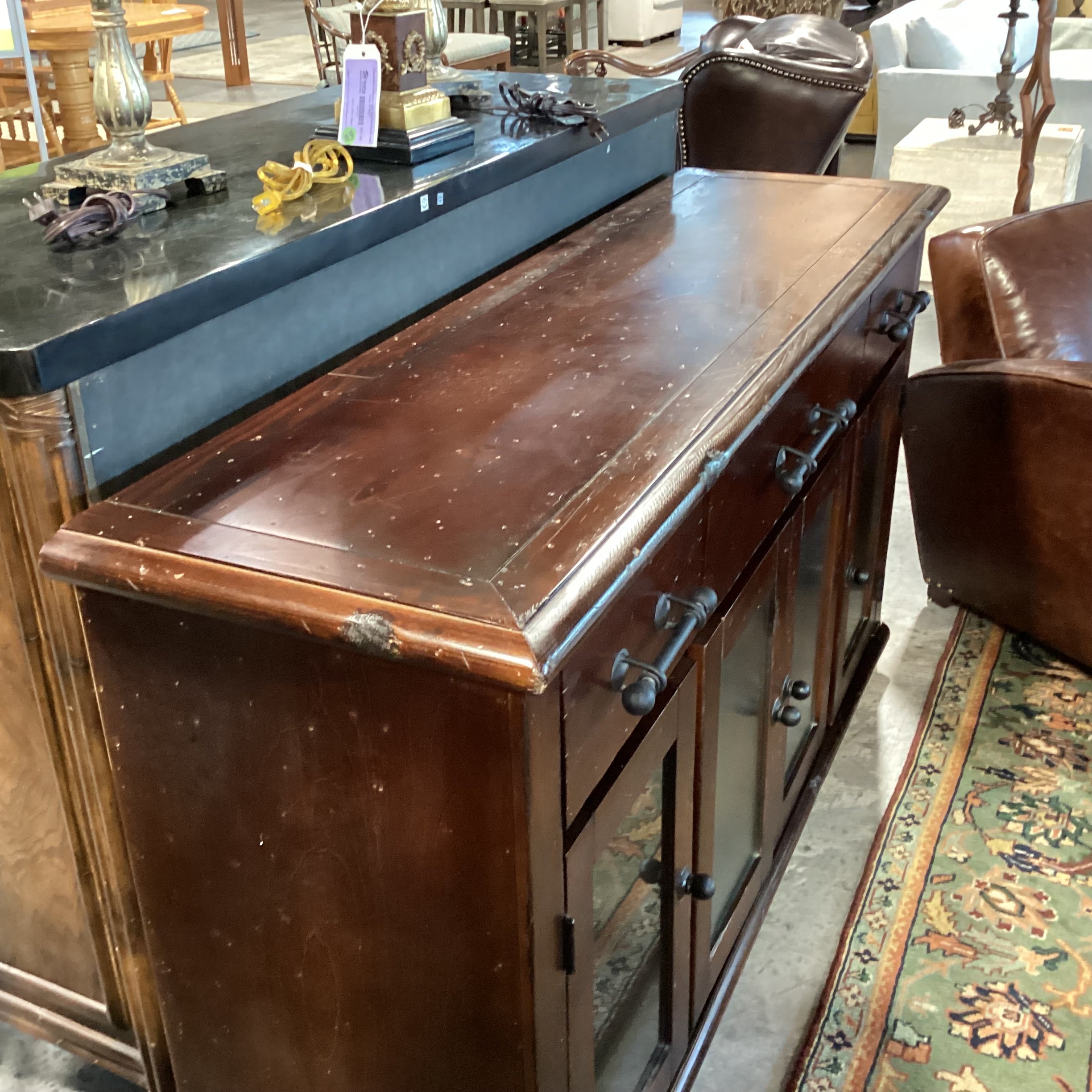 Dark Distressed Wood 4 Door 3 Drawer Rustic Console Credenza 61"x 17.5"x 35"
