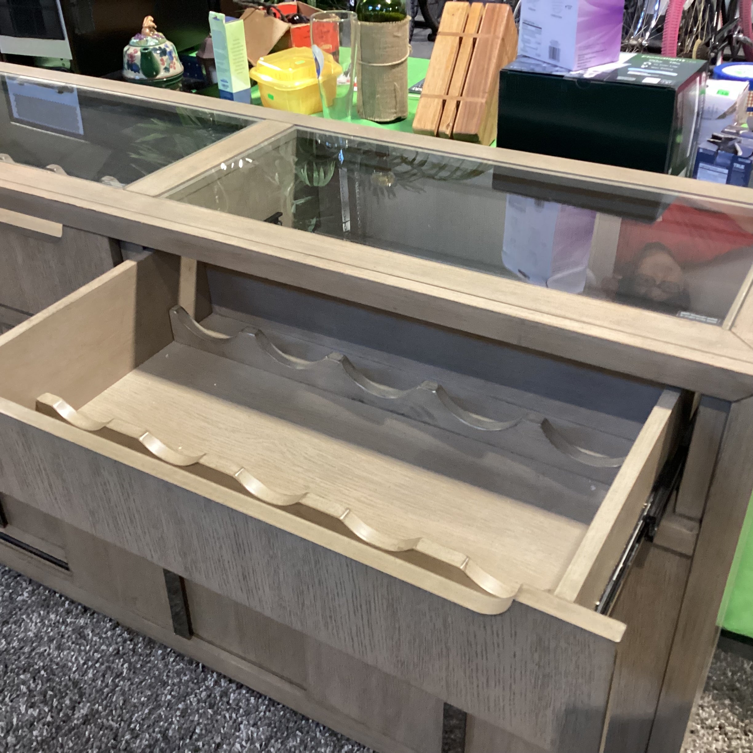 Klaussner Olive Grey Tone Finish Sliding Doors & 2 Wine Drawers with Glass Top Server Sideboard 65"x 18"x 36"