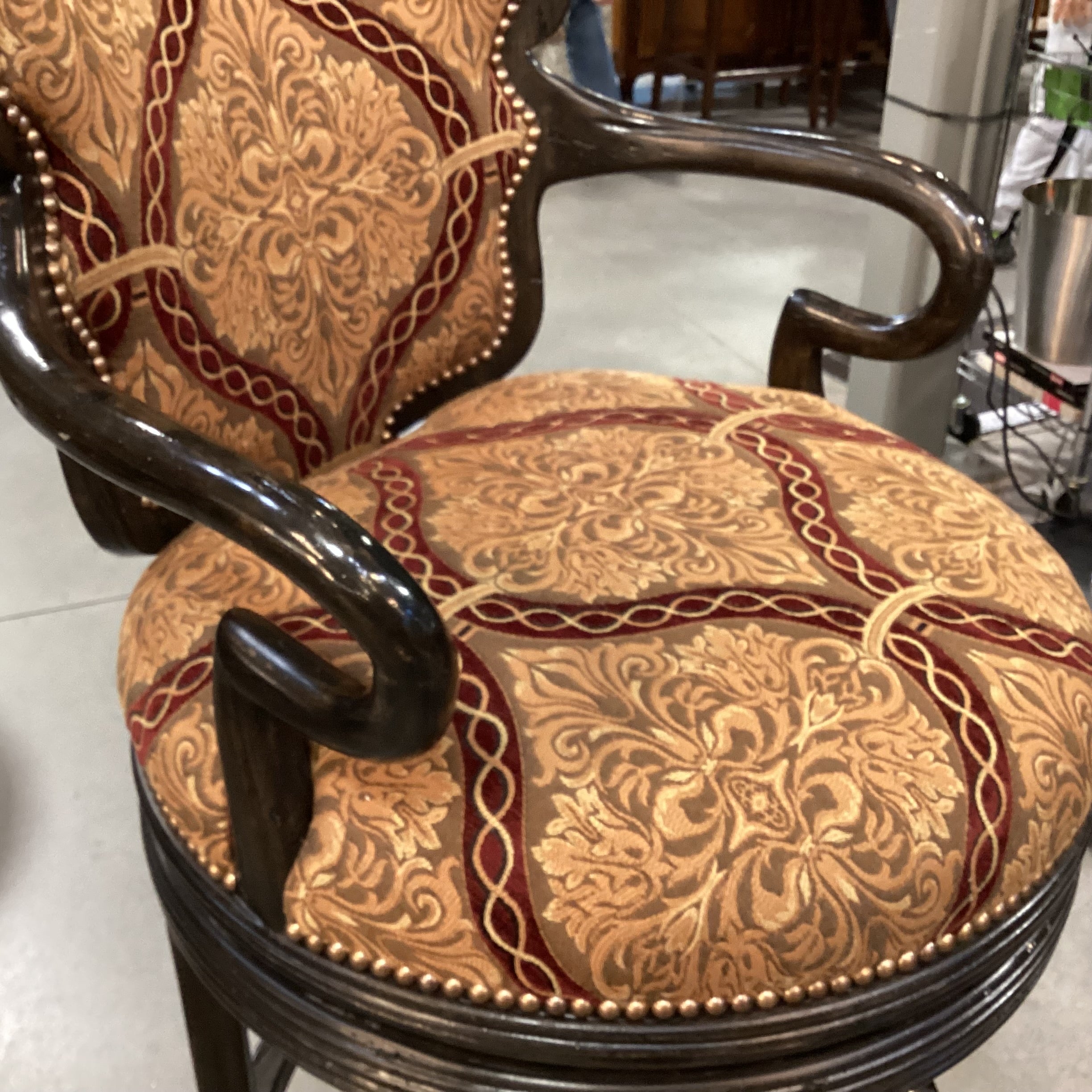 Ferguson Copeland Dark Distressed Carved Wood with Gold & Claret Upholstered Nailhead Swivel Barstool 31"