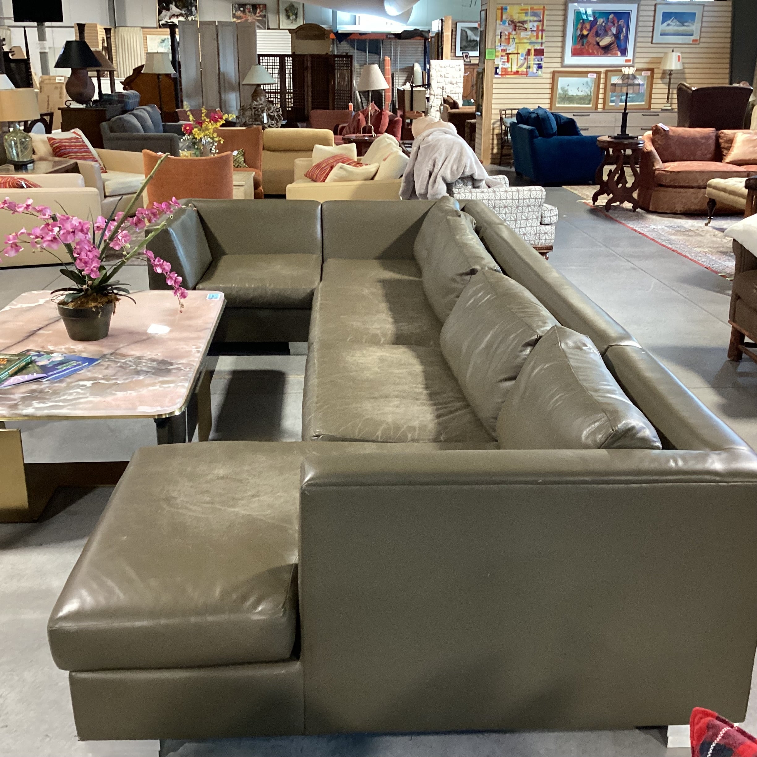 Modern Taupe Grey Leather Down Mix 4 Piece Sectional 76"x 162"x 62"x 40"x 28"