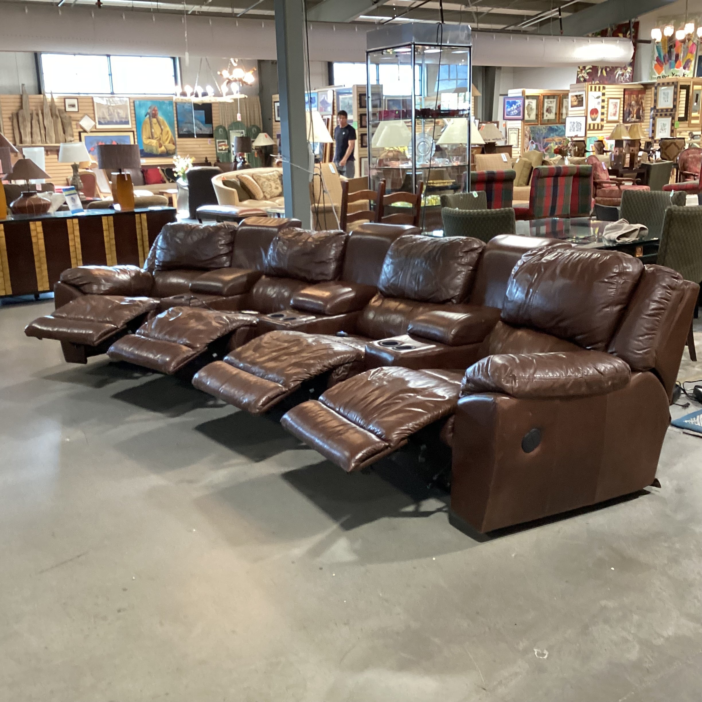 Benson Home Palliser Amaretto Leather 7 Piece with 4 Power Recliners & 3 Consoles Theater Sectional 157"x 41" to 69"x 36"th