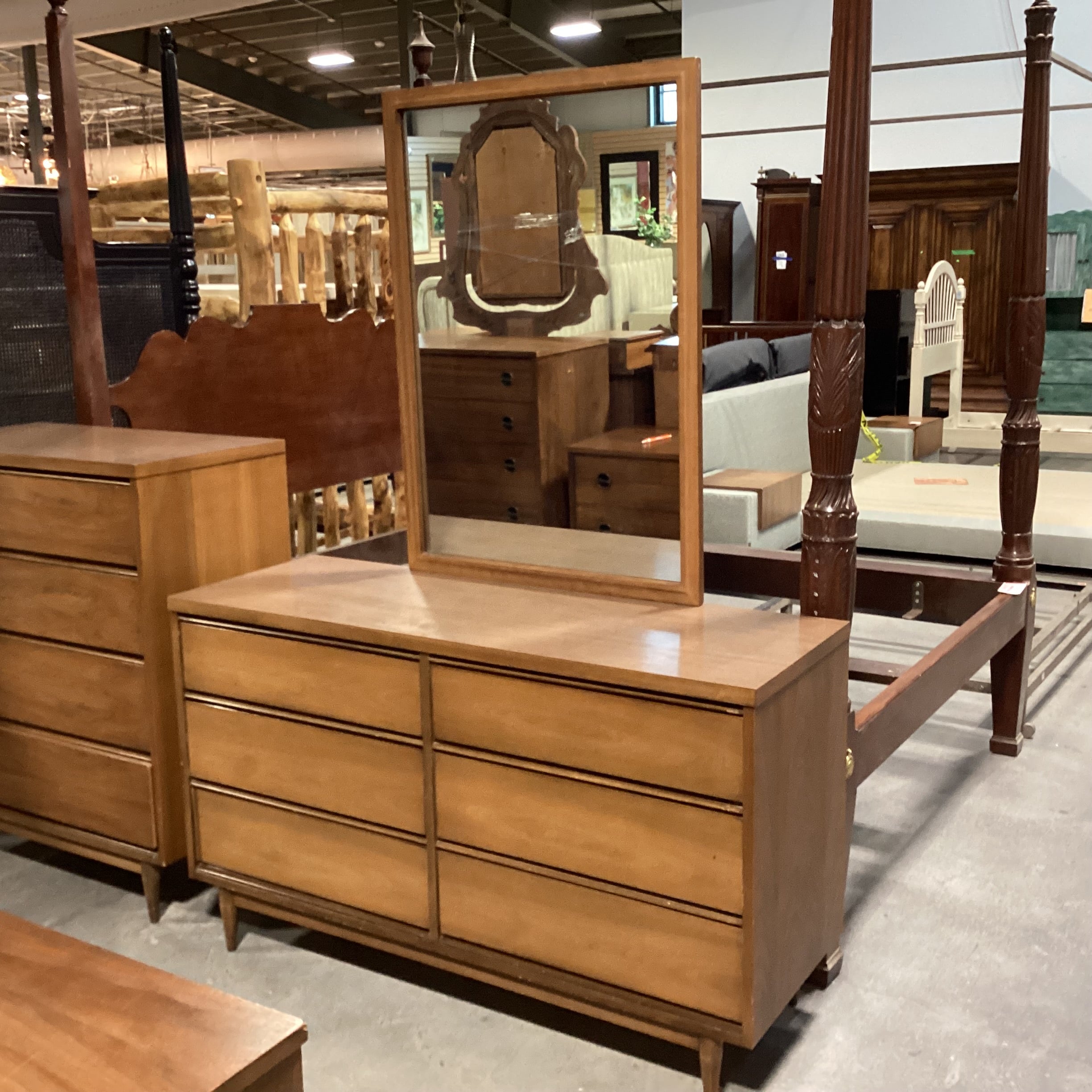 Mid Century Walnut & Veneer 6 Drawer with Mirror Dresser 52"x 18"x 72"