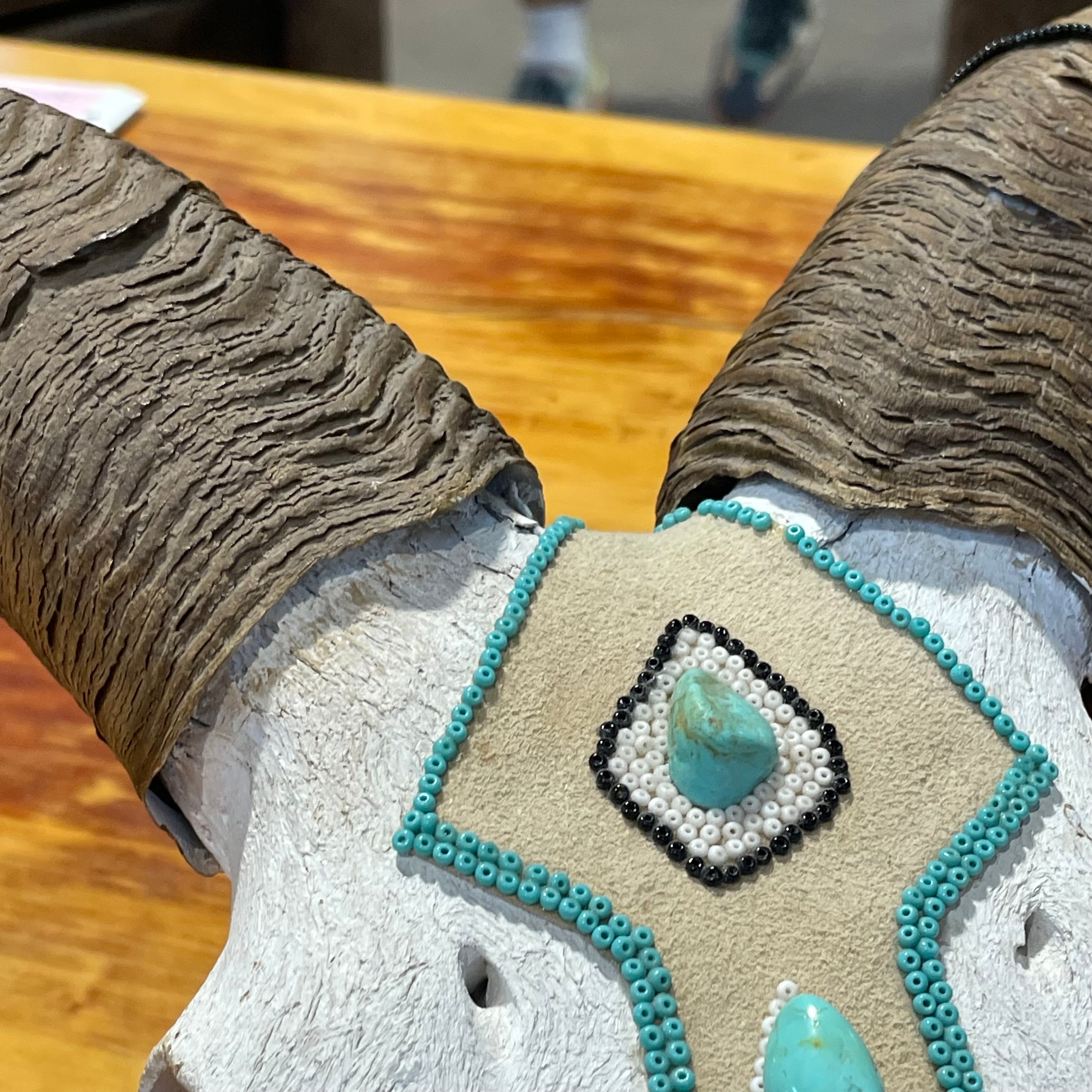 Southwestern Style Beaded, Turquoise Stones & Feathers Ram Skull, 16.75"x 13.5"x 7"