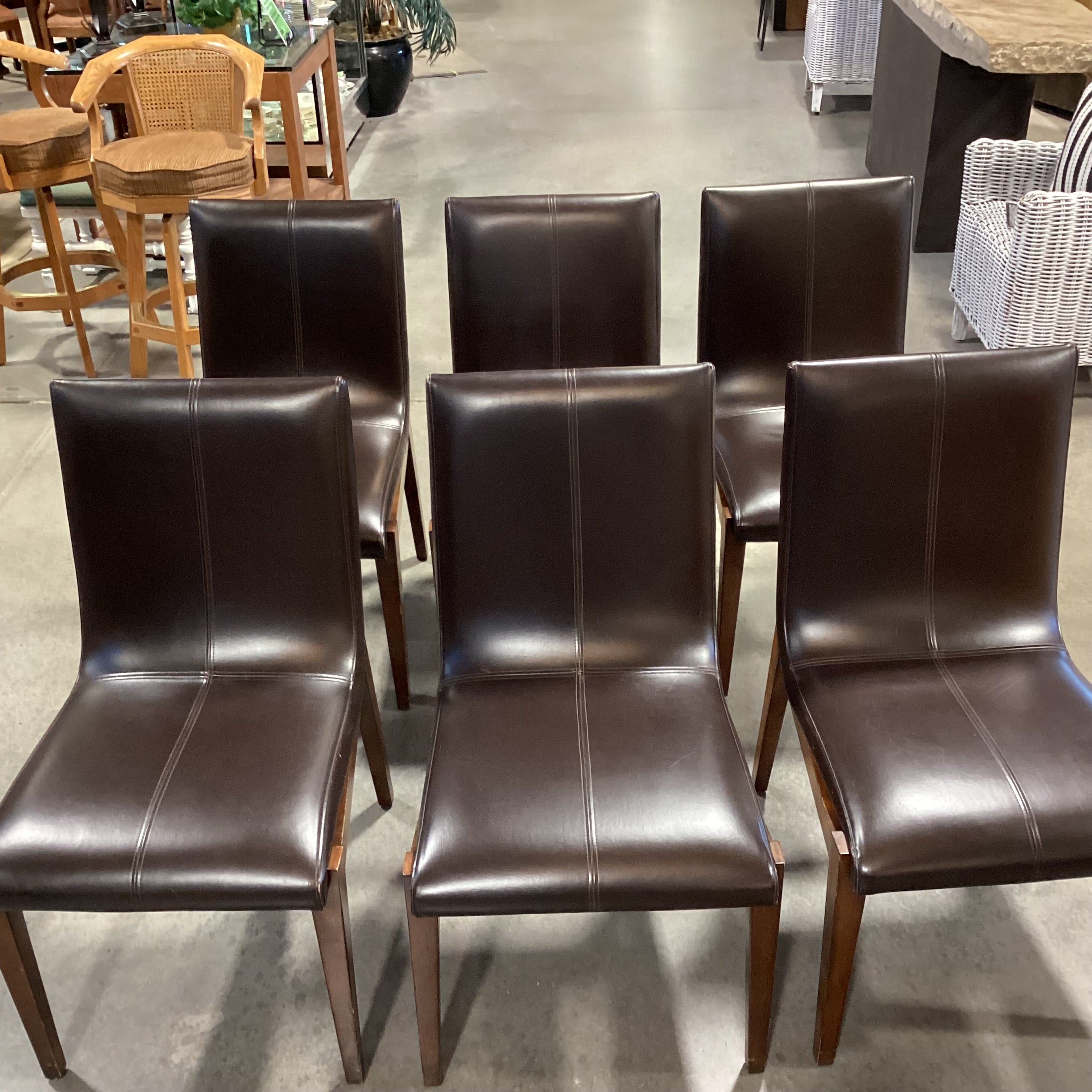 SET of 6 Brownstone Mid Century Style Chocolate Leather & Wood Dining Chairs 21"x 25"x 37"