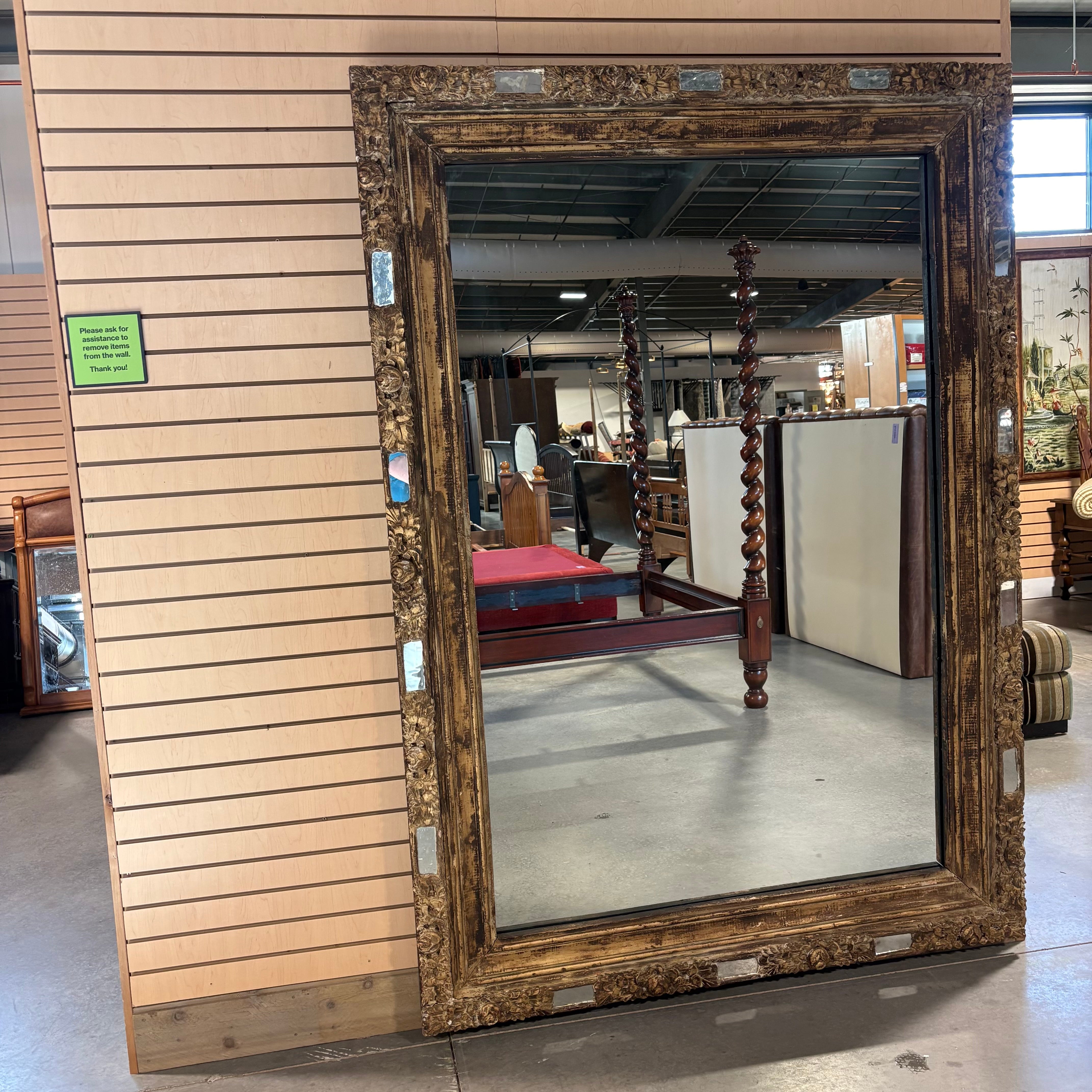 Antique Ornate Floral Carved Wood with Mirrored Accent Frame Wall Hanging Mirror 60” x 84”