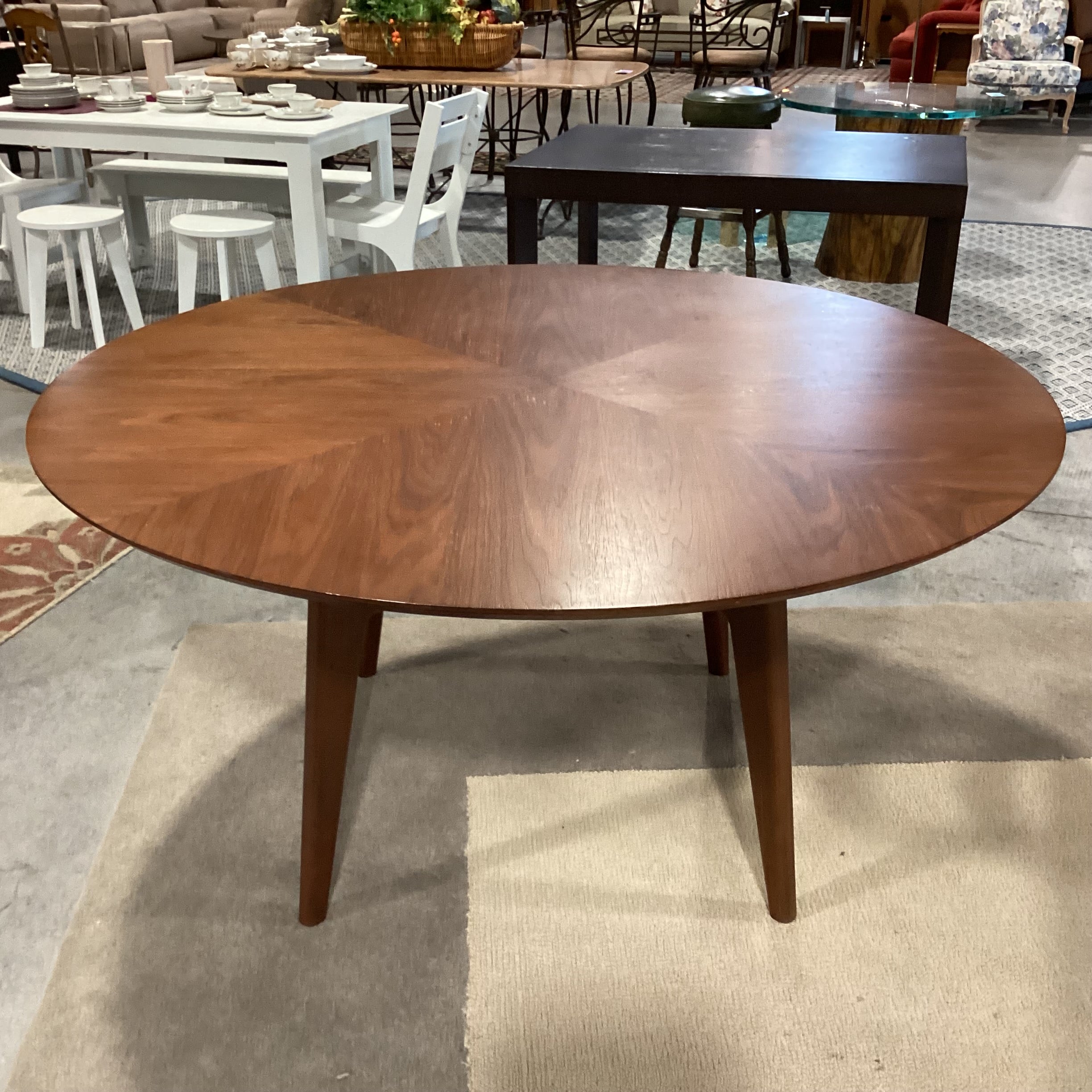 Crate & Barrel Tate Mid Century Style Walnut Finish Round Dining Table 60" Diameter x 30"