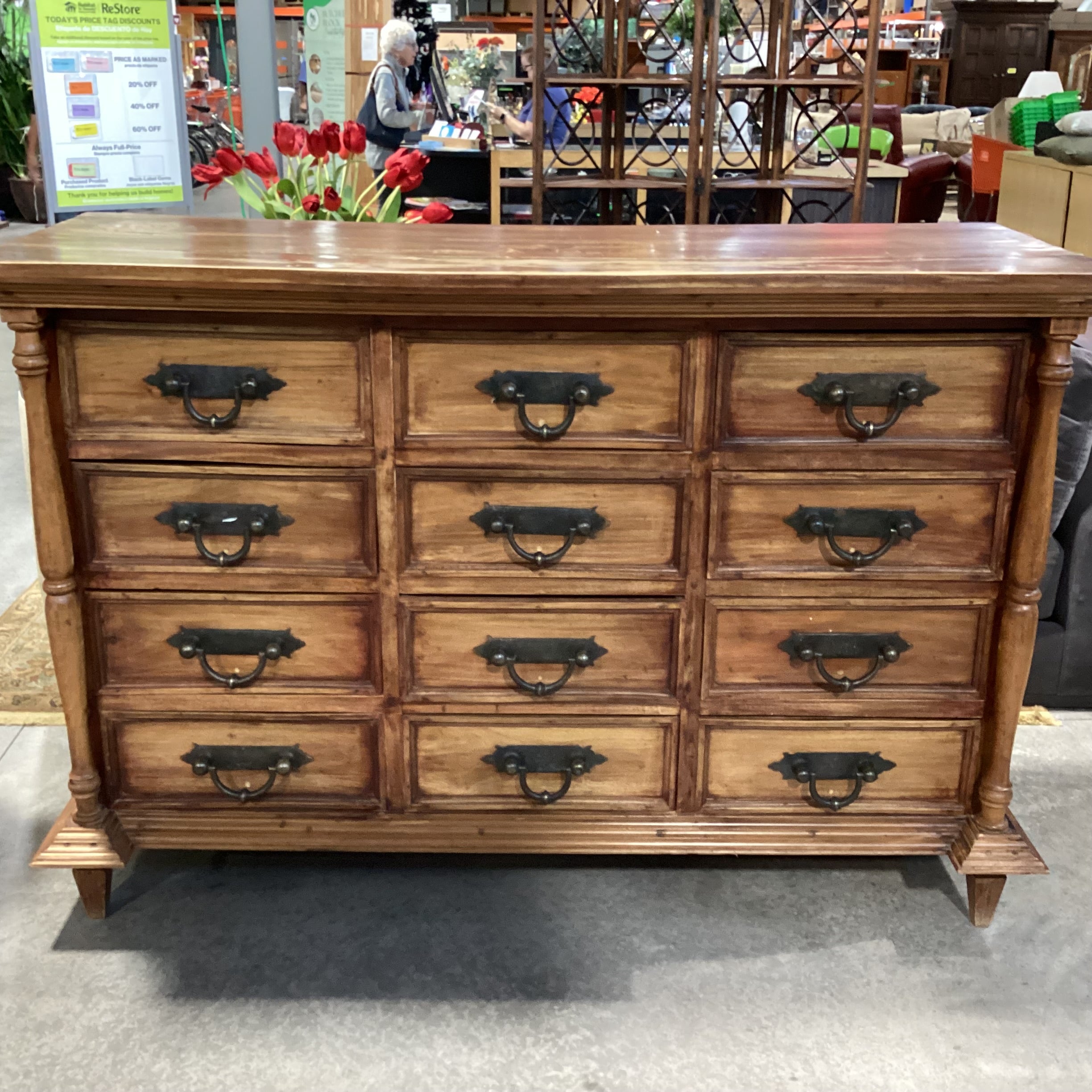 Solid Rustic Carved Wood & Iron 12 Drawer Dresser 68"x 26"x 45.5"