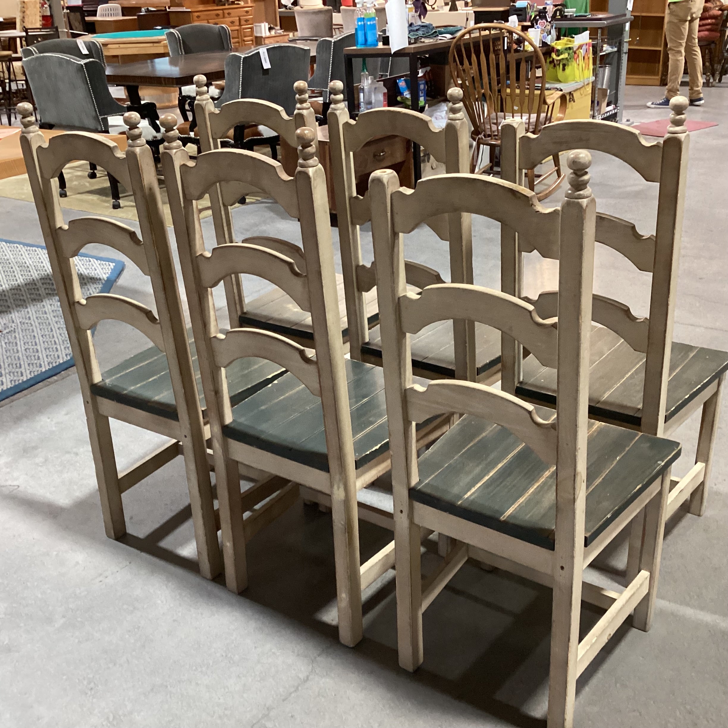 SET of 6 Buffalo Lodge & Dakota Washed Distressed Cream & Green Wood Ladder Back Ranch Dining Chairs 18"x 19"x 45"