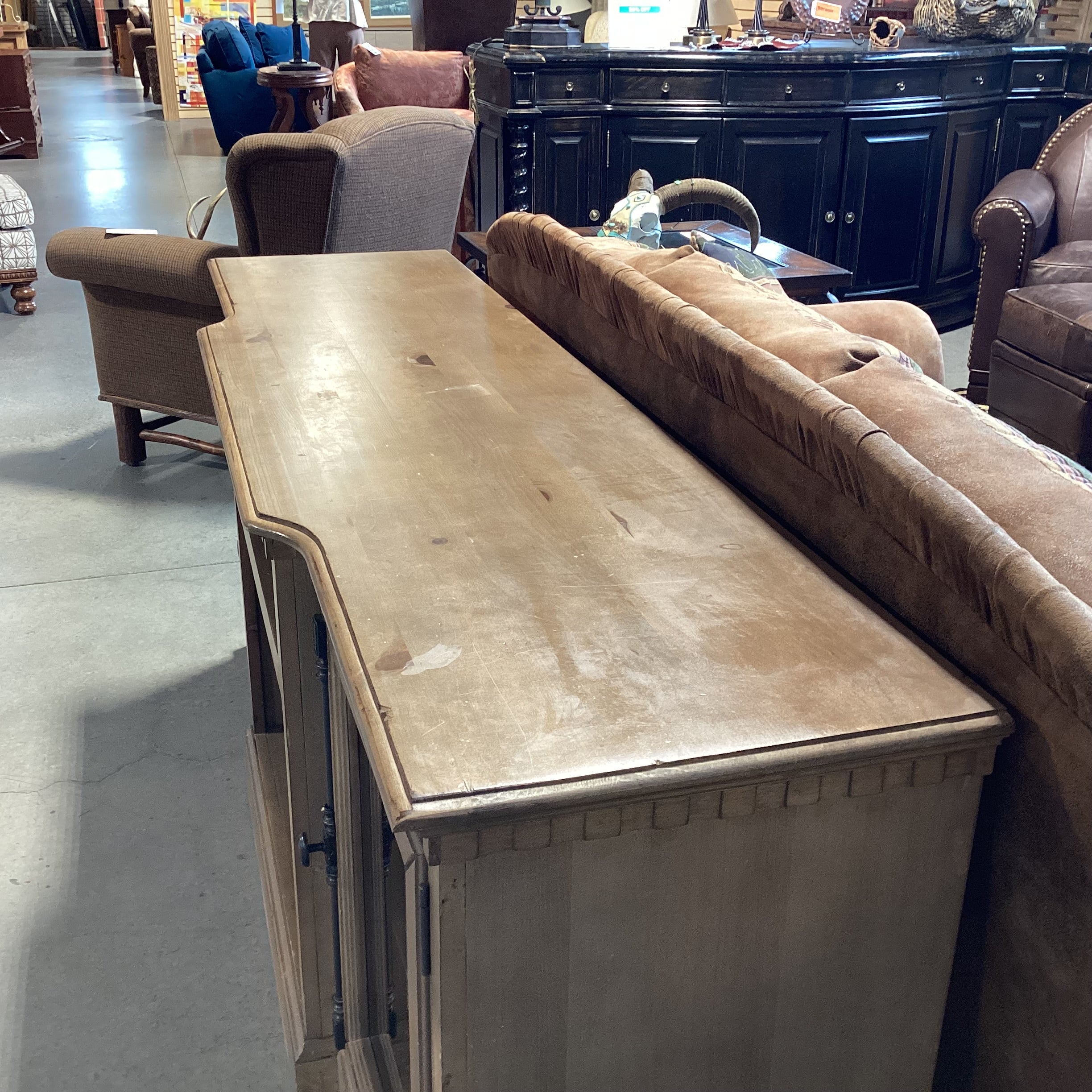 Light Greige Distressed Pine 2 Glass Door with Shelves Console Credenza 74"x 20"x 32.5"