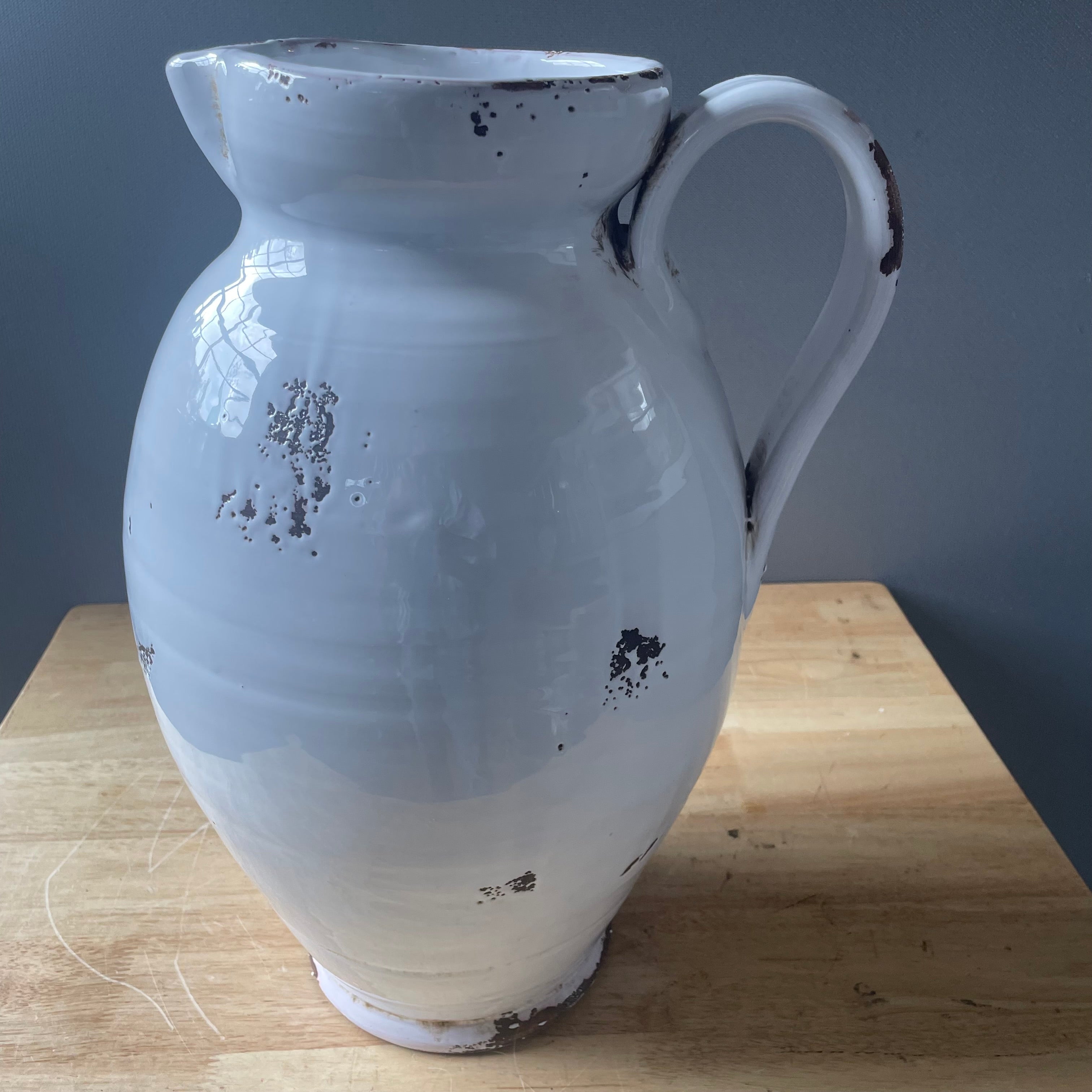 Alessandro Taddei Signed Fortunata Distressed White Glazed Ceramic Pitcher, 11"x 15.5"