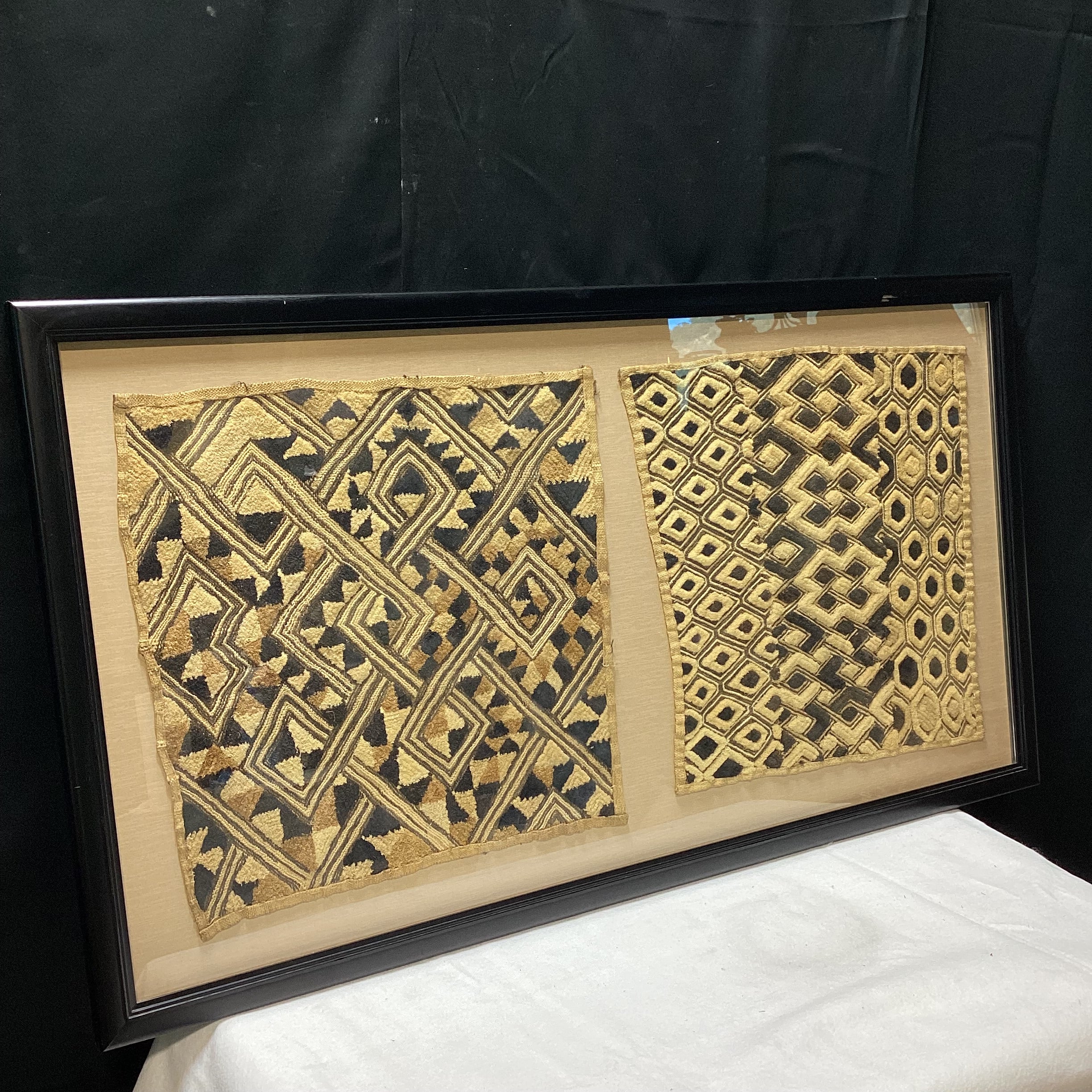 Vintage Kuba Shoowa Cloths In Black Frame 26.5" x 47.5"