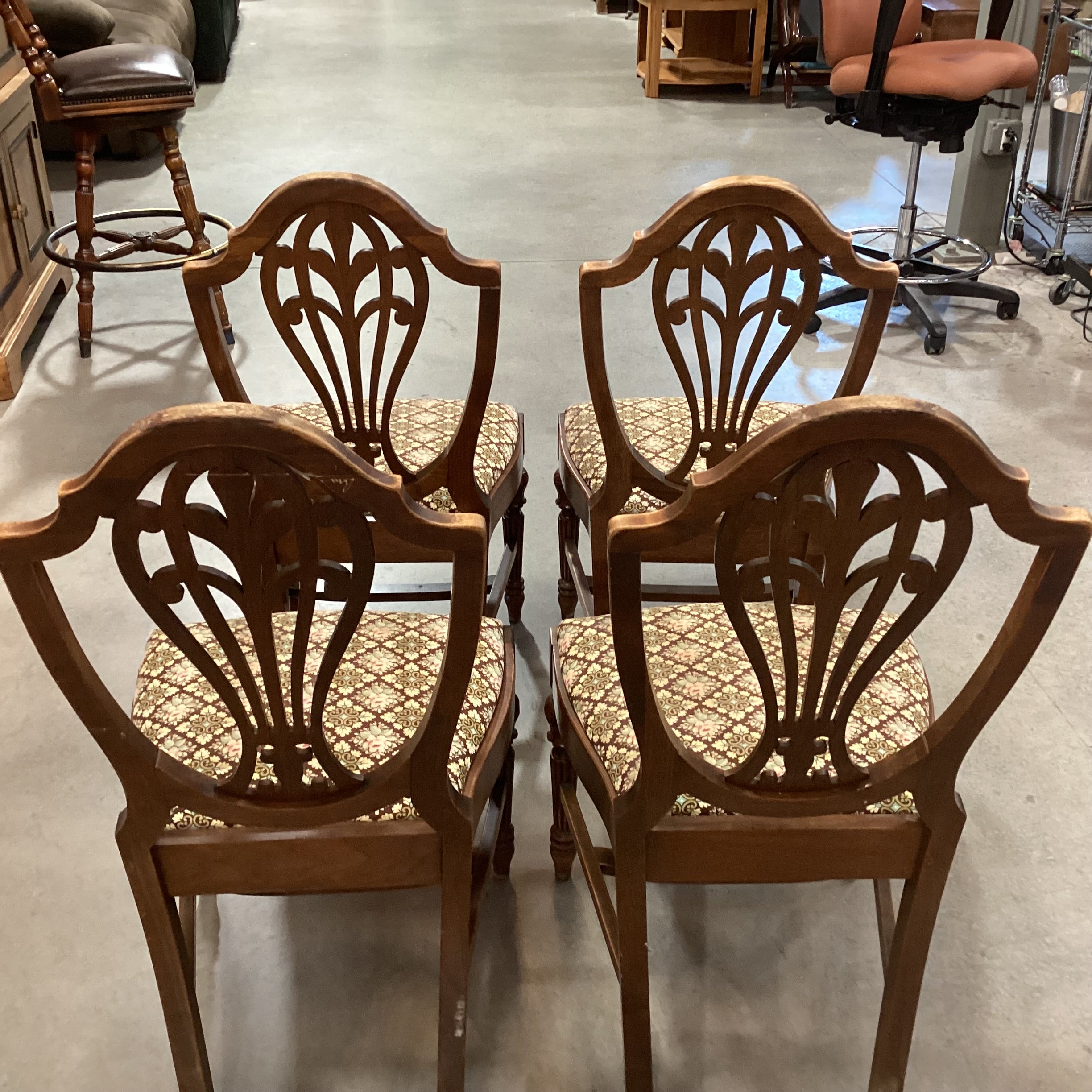 SET of 4 Antique Carved Wood Harp Back & Floral Upholstered Seat Dining Chairs 19"x 19"x 40"