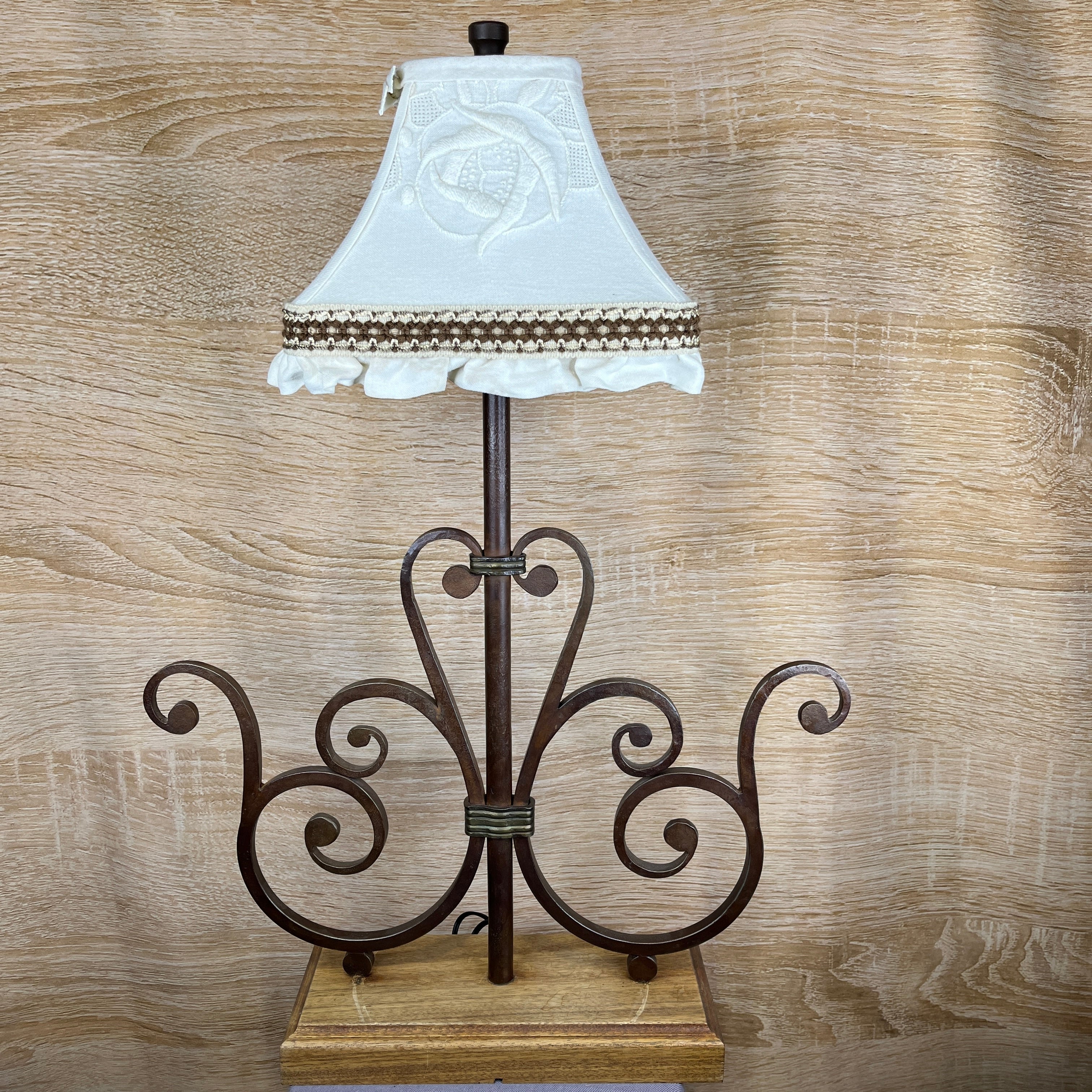 Custom Forged Bronze Brushed Iron Heart Scroll and Wood Base with Embroidered Floral Shade Table Lamp 22.5"x 6"x 31"