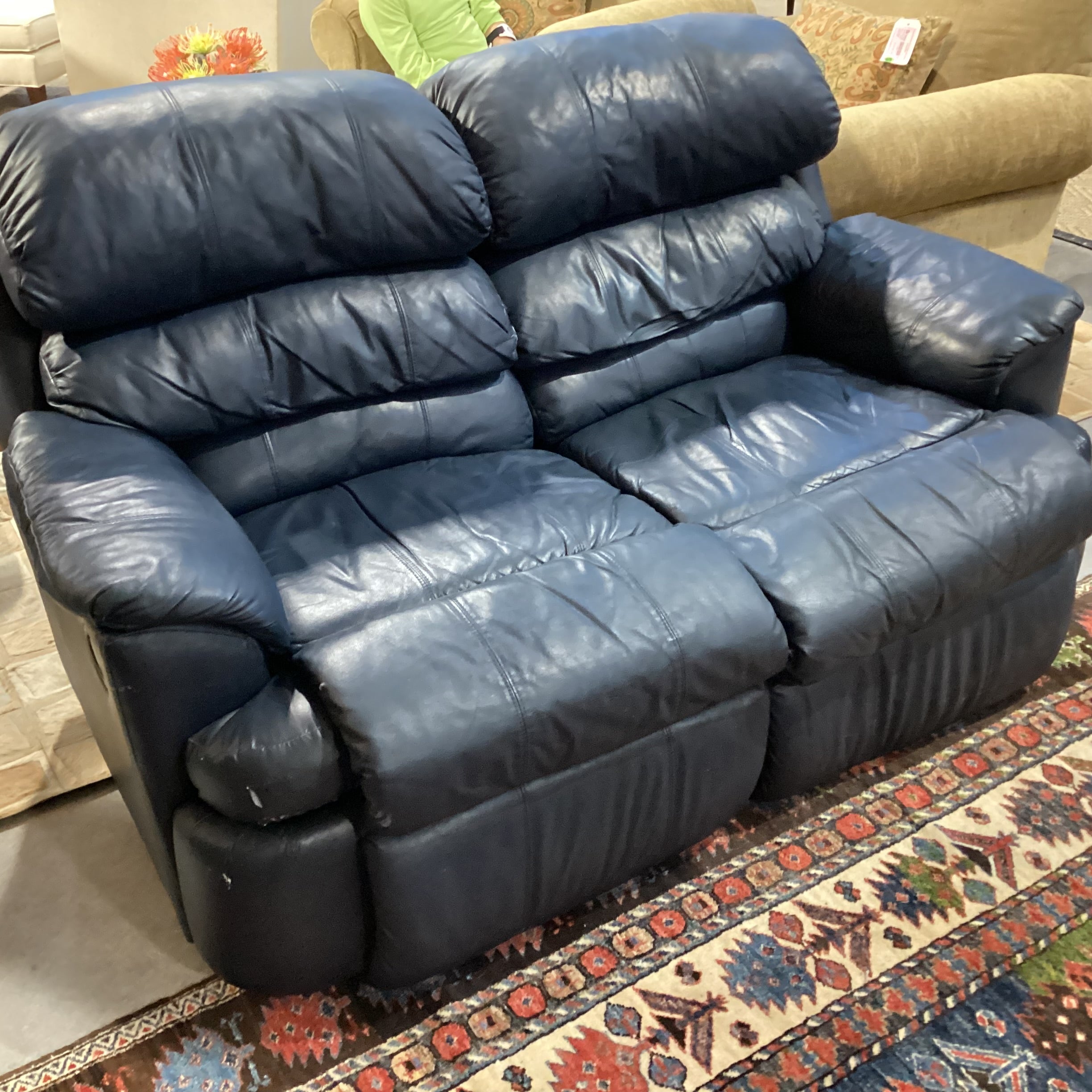 Navy Leather Double Recliner Loveseat Sofa 64"x 40"x 37"