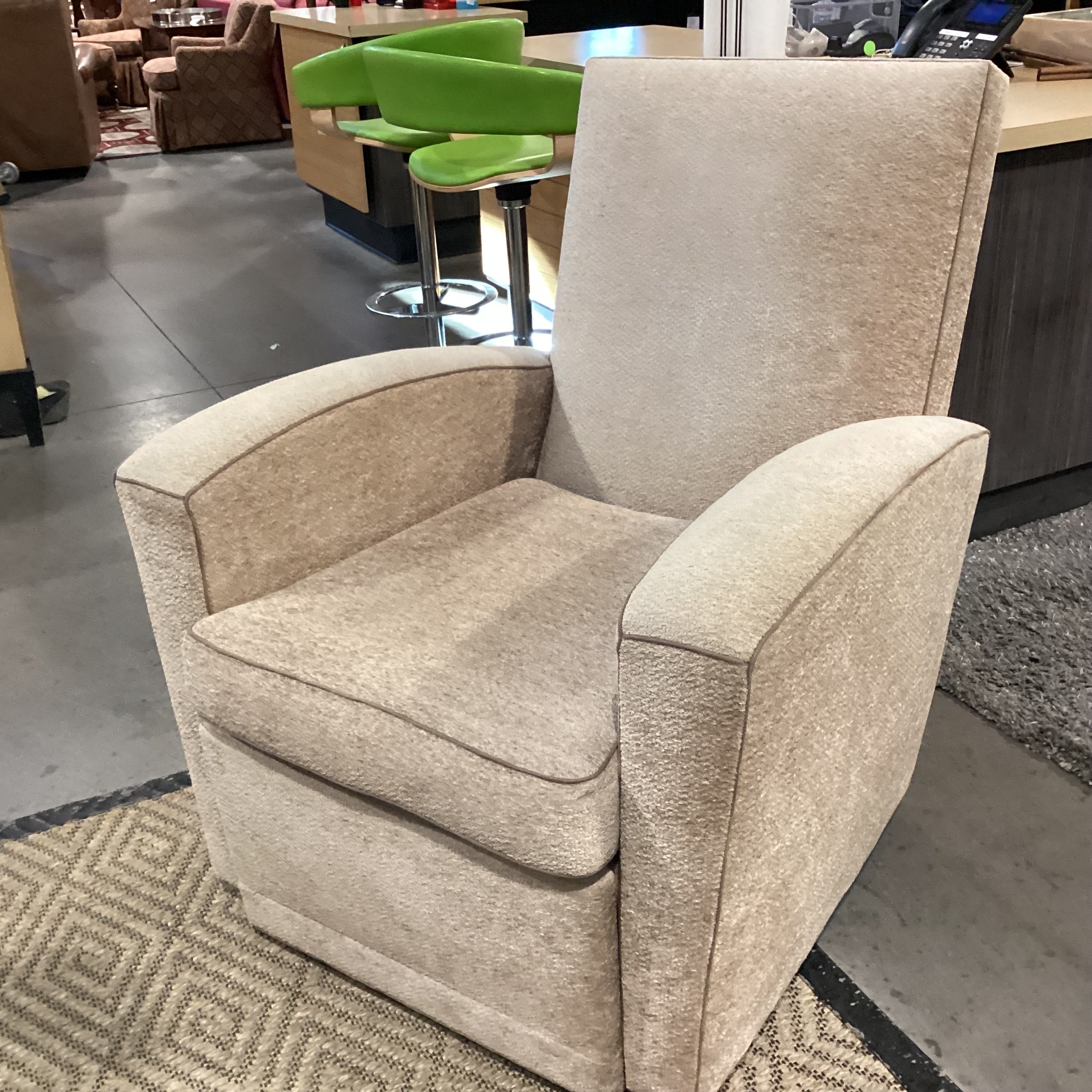 Beige Texture Woven Chenille with Taupe Piping Swivel Recliner Chair 35"x 40" to 66"x 41"