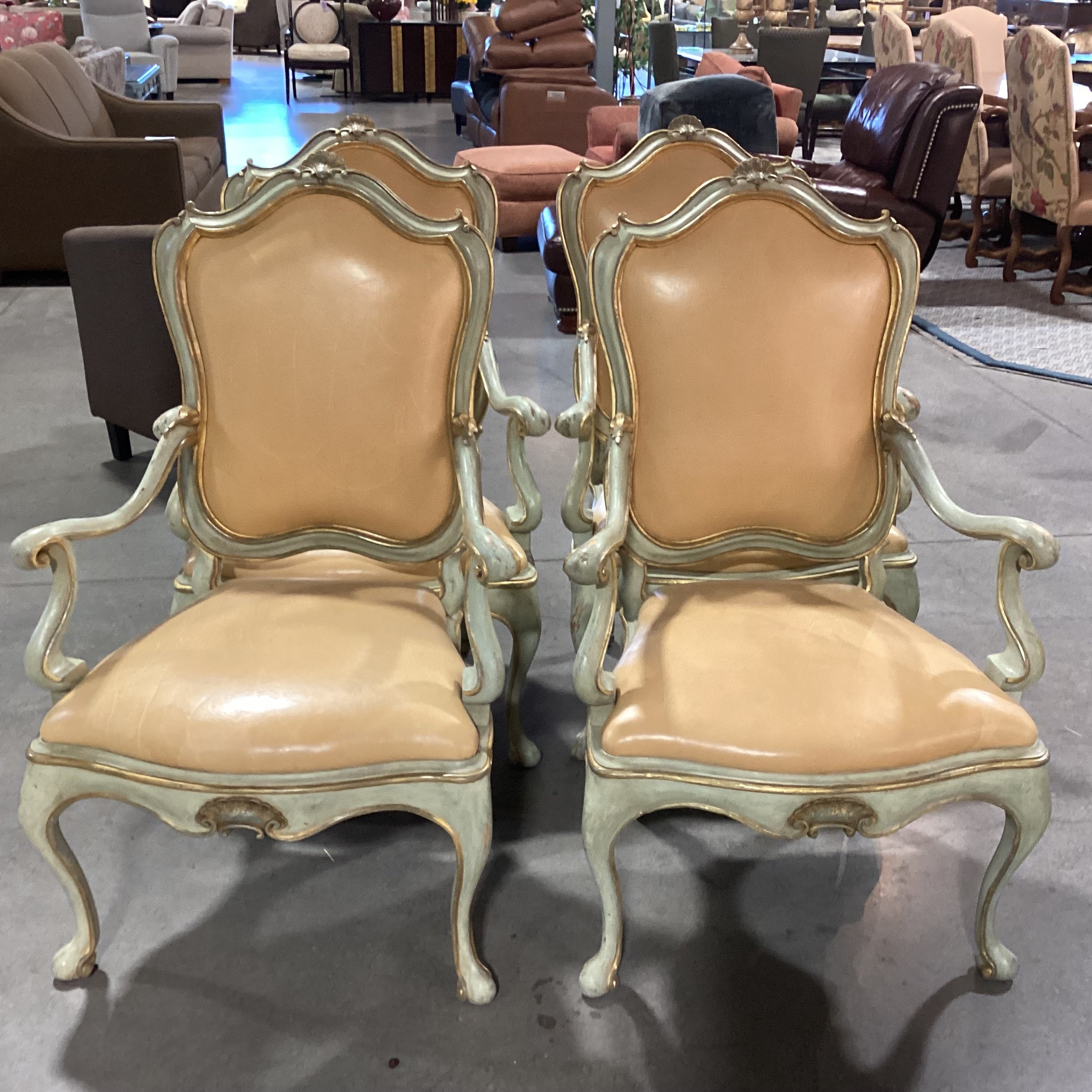 SET of 4 French Provincial Ornate Carved Wood with Gilded Accent & Leather Dining Chairs 26"x 26"x 42"