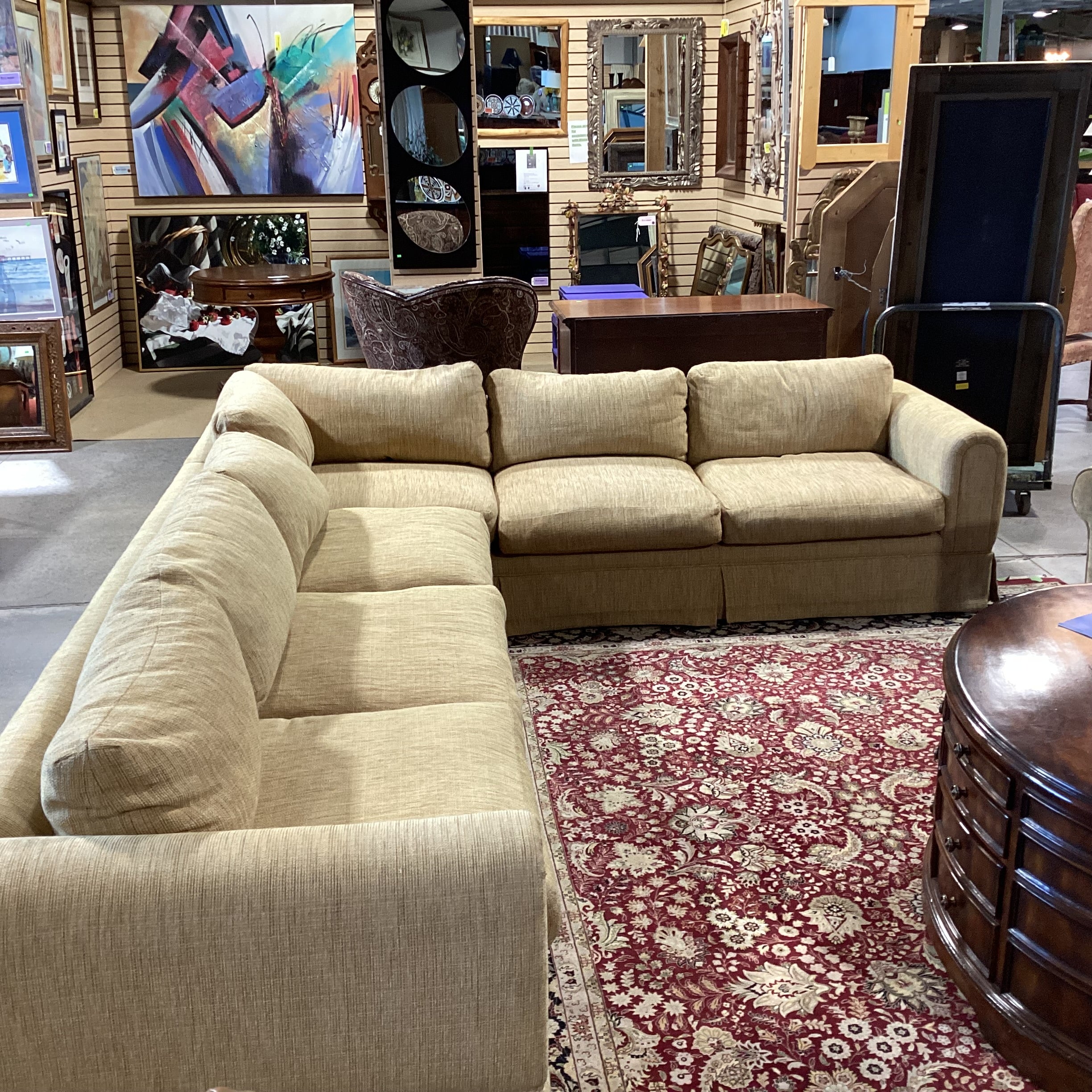 Custom Golden Wheat Woven Down Mix 2 Piece Sectional 132"x 106"x 36"x 27"