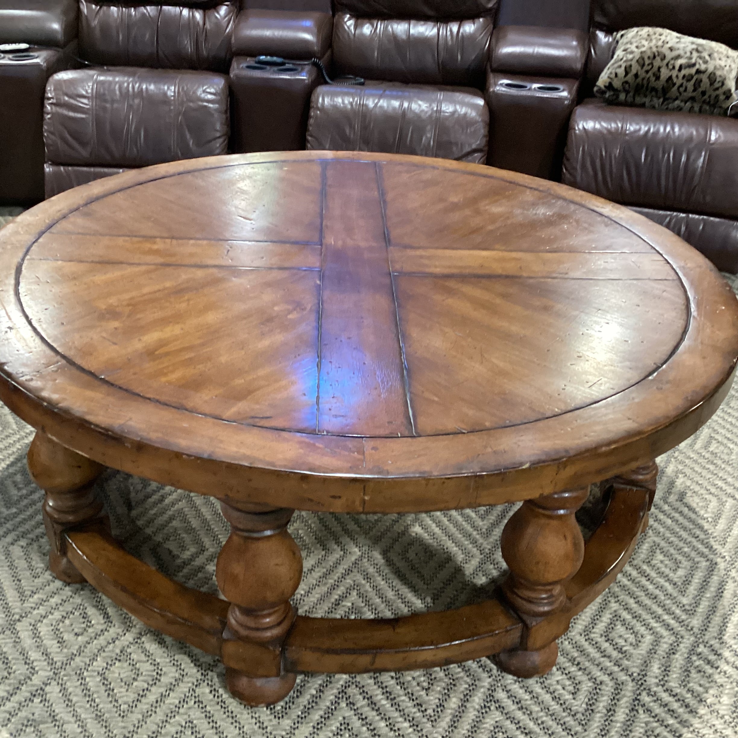 Round Carved Distressed Finish Wood Coffee Table 54" Diameter x 20"