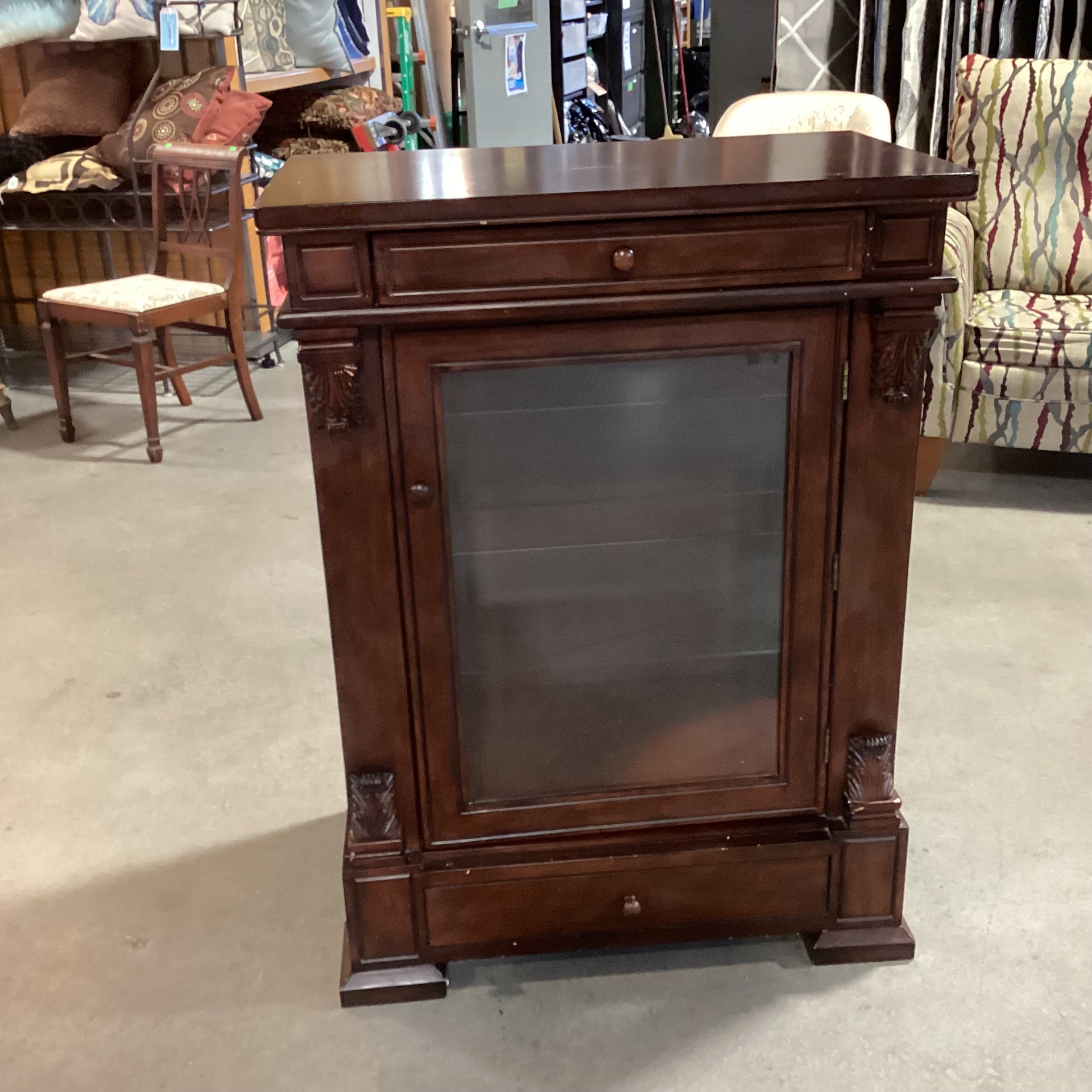 Dark Finish Carved & Glass 2 Drawer & Shelves Display Cabinet Bookcase