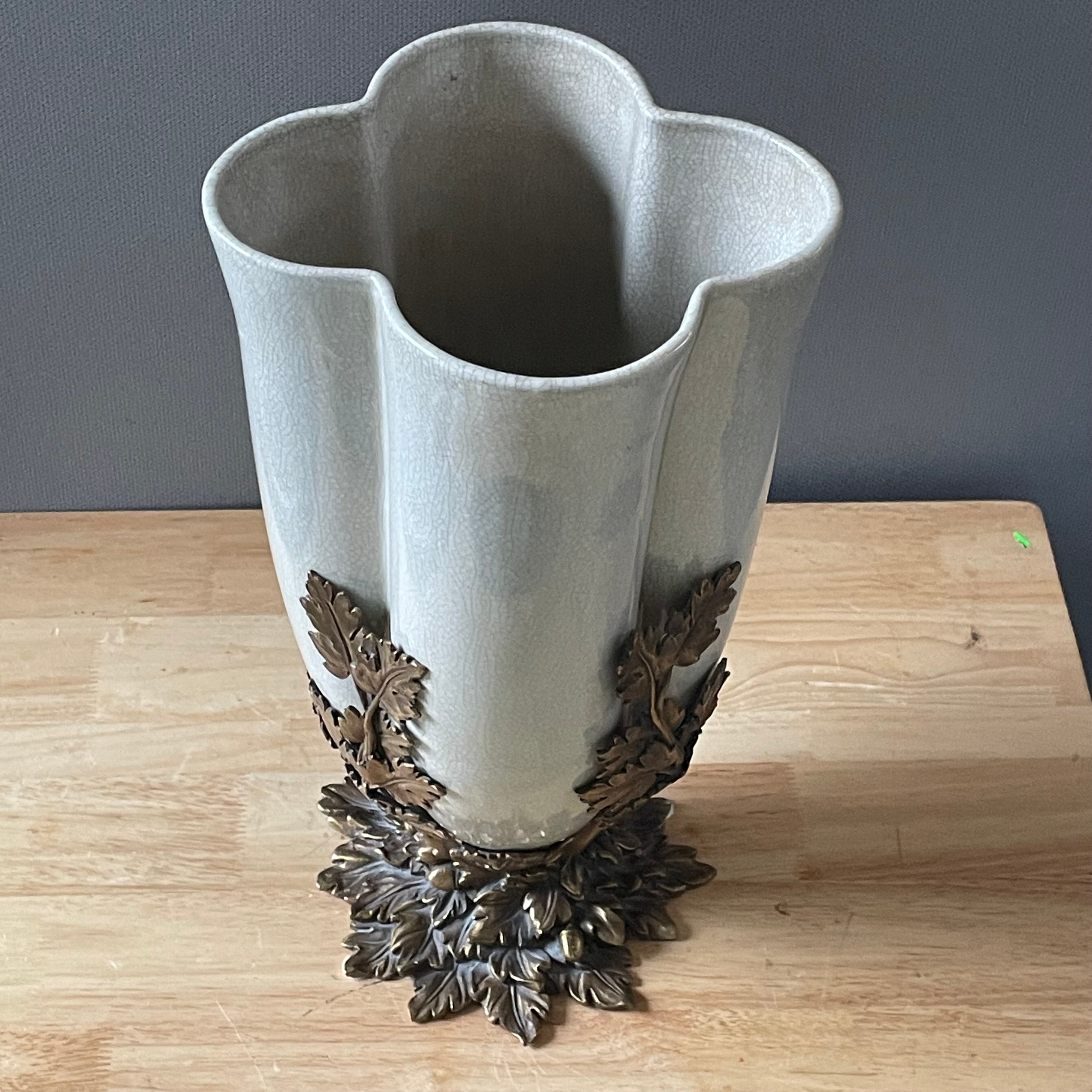 Porcelain Crackle Glazed, Brass Acanthus Leaves Design Base Vase/Plinth, 8.5"x 15.5"