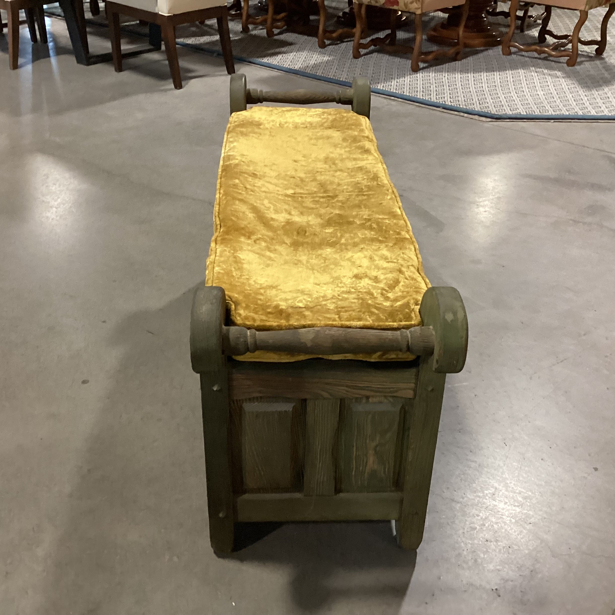 Vintage Green Washed Carved Oak & Gold Crushed Velvet Cushion Storage Bench 56"x 16.5"x 24"