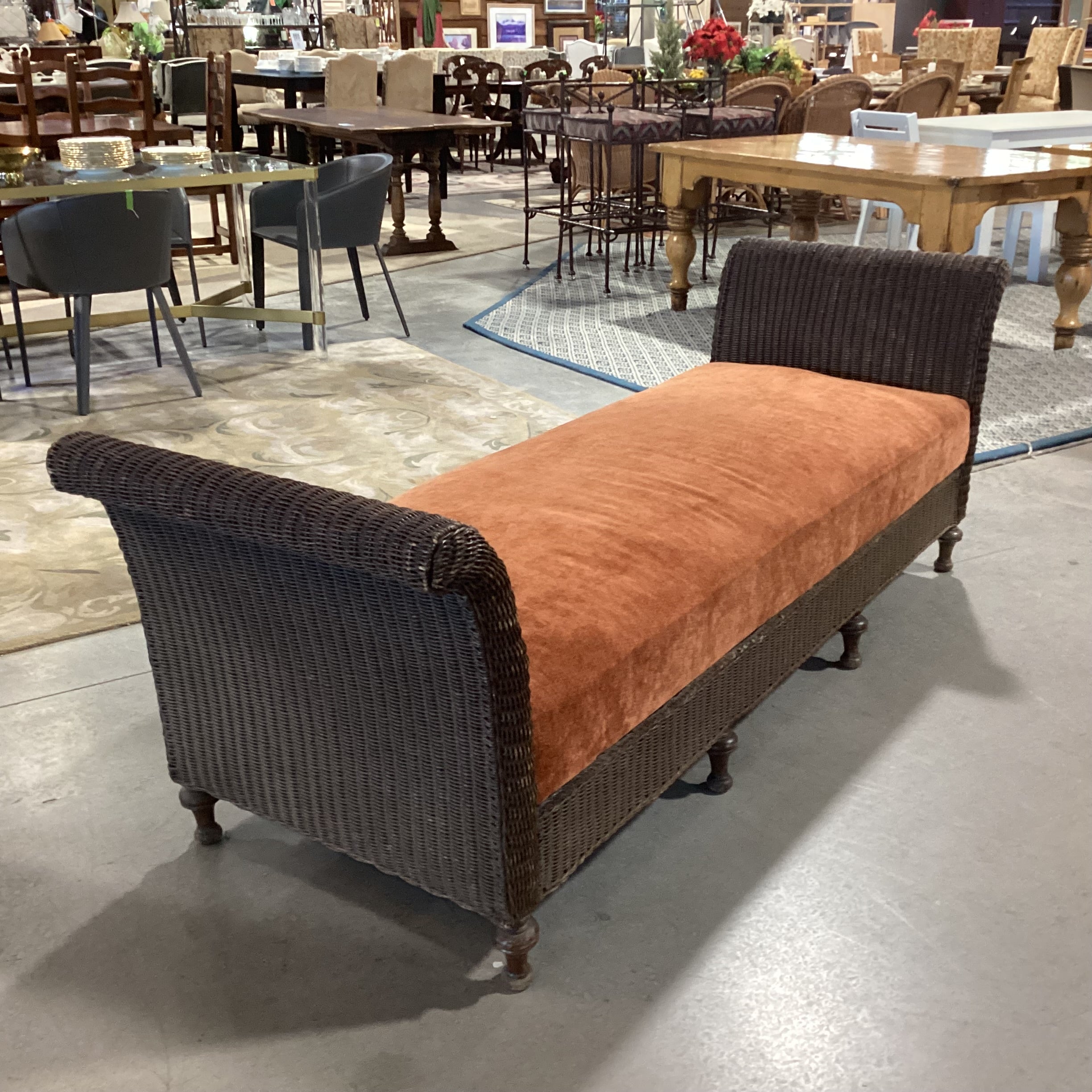 Vintage Antique Wicker & Rust Chenille Woven Bench 90"x 30"x 30"