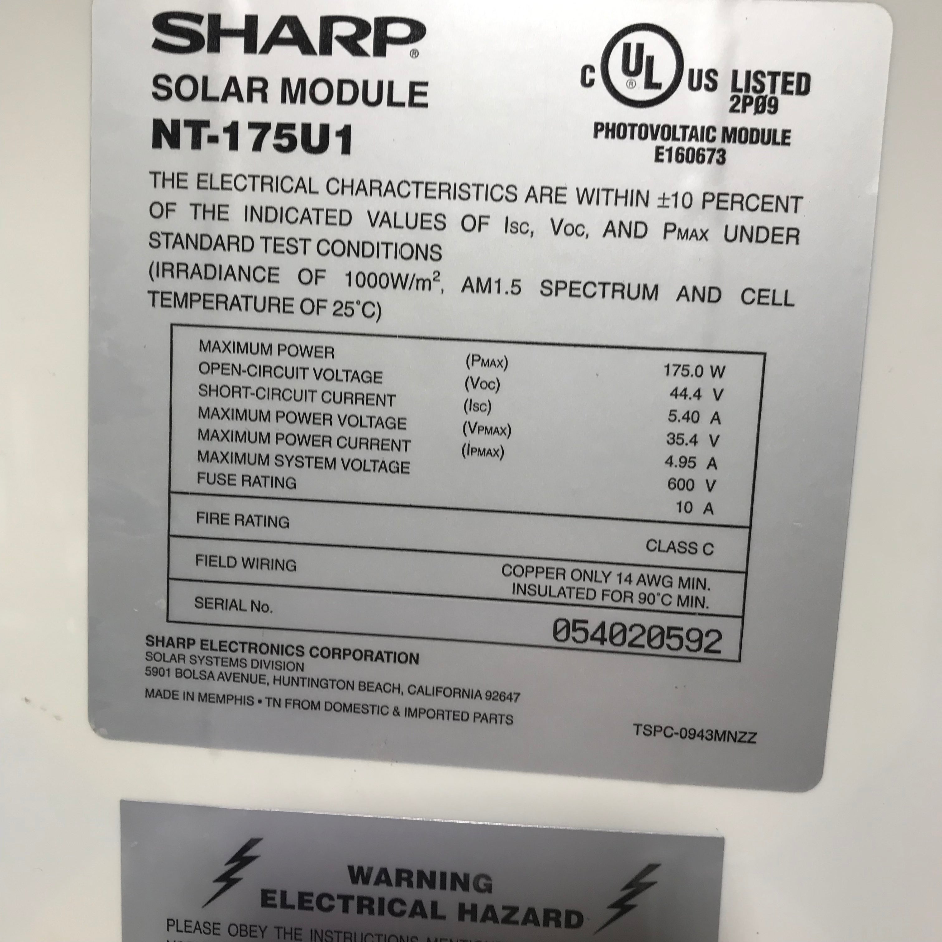 32.5"x 62" 175 W Solar Panel / Model: Sharp Solar Module NT-175U1