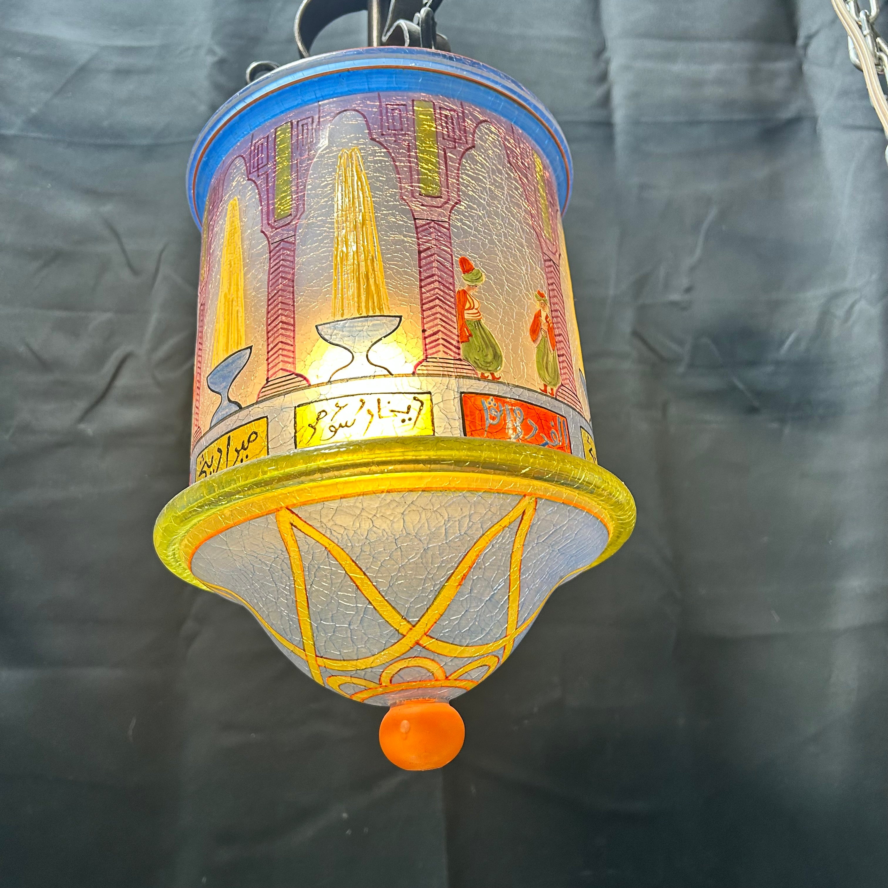 Ottoman Glass Lantern Early 20th Century With Crackle Painted Glass 8"x 19"