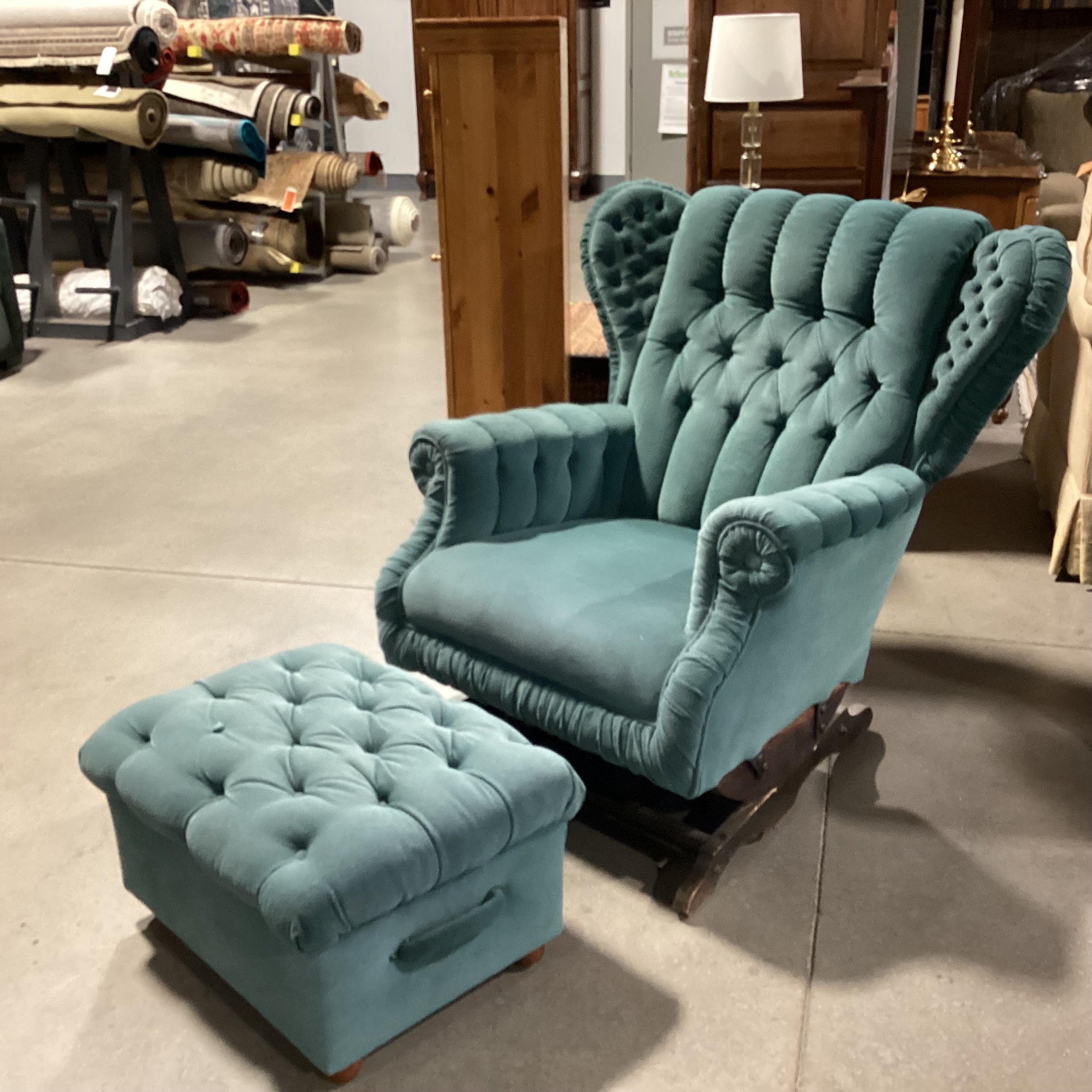 Vintage Antique Teal Tufted Winged with Ottoman Rocker Chair 34"x 36"x 39"