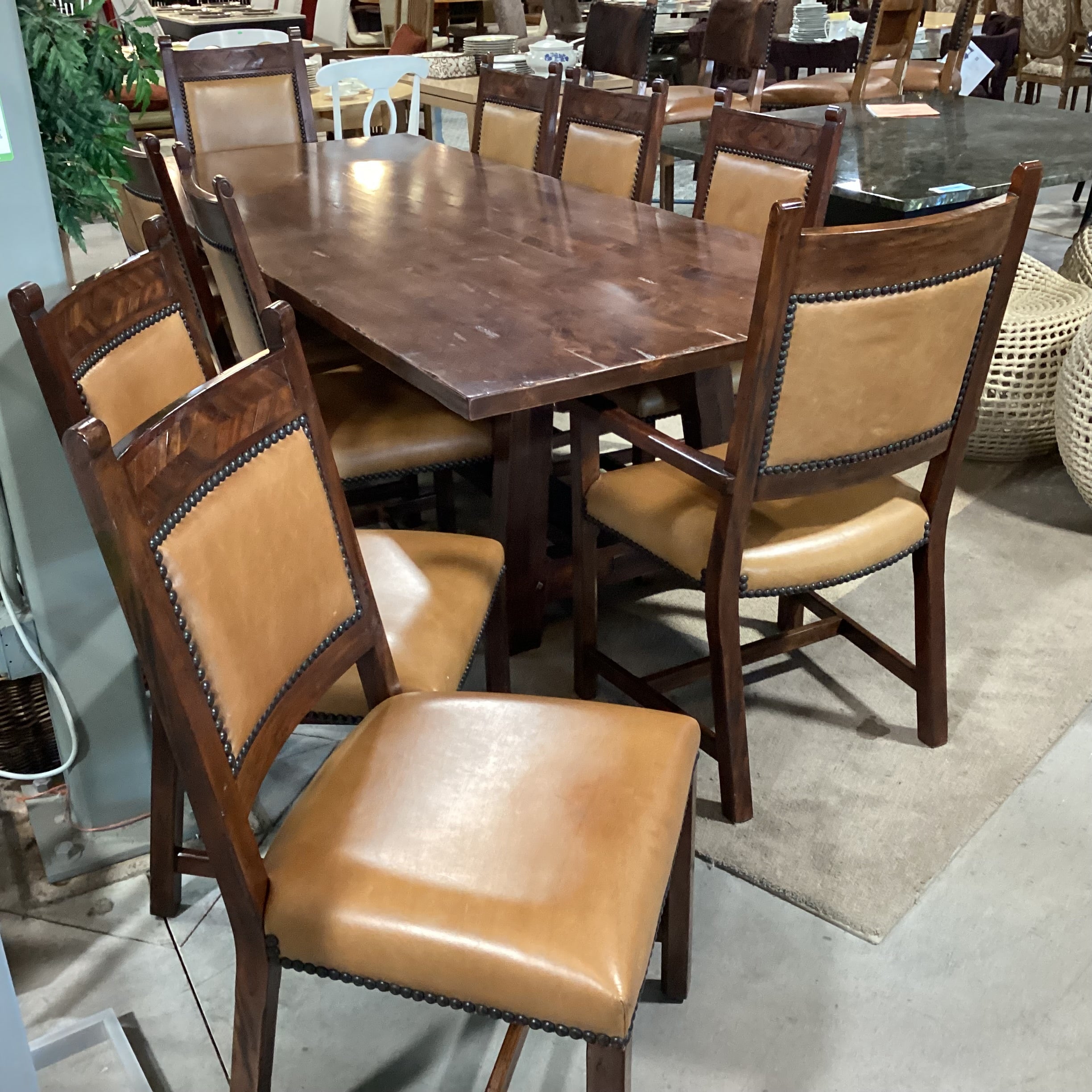 Theodore Alexander Rustic Distressed Trestle Table & 10 Leather Nailhead Carved Wood Chairs Dining Set 108"x 44"x 31"