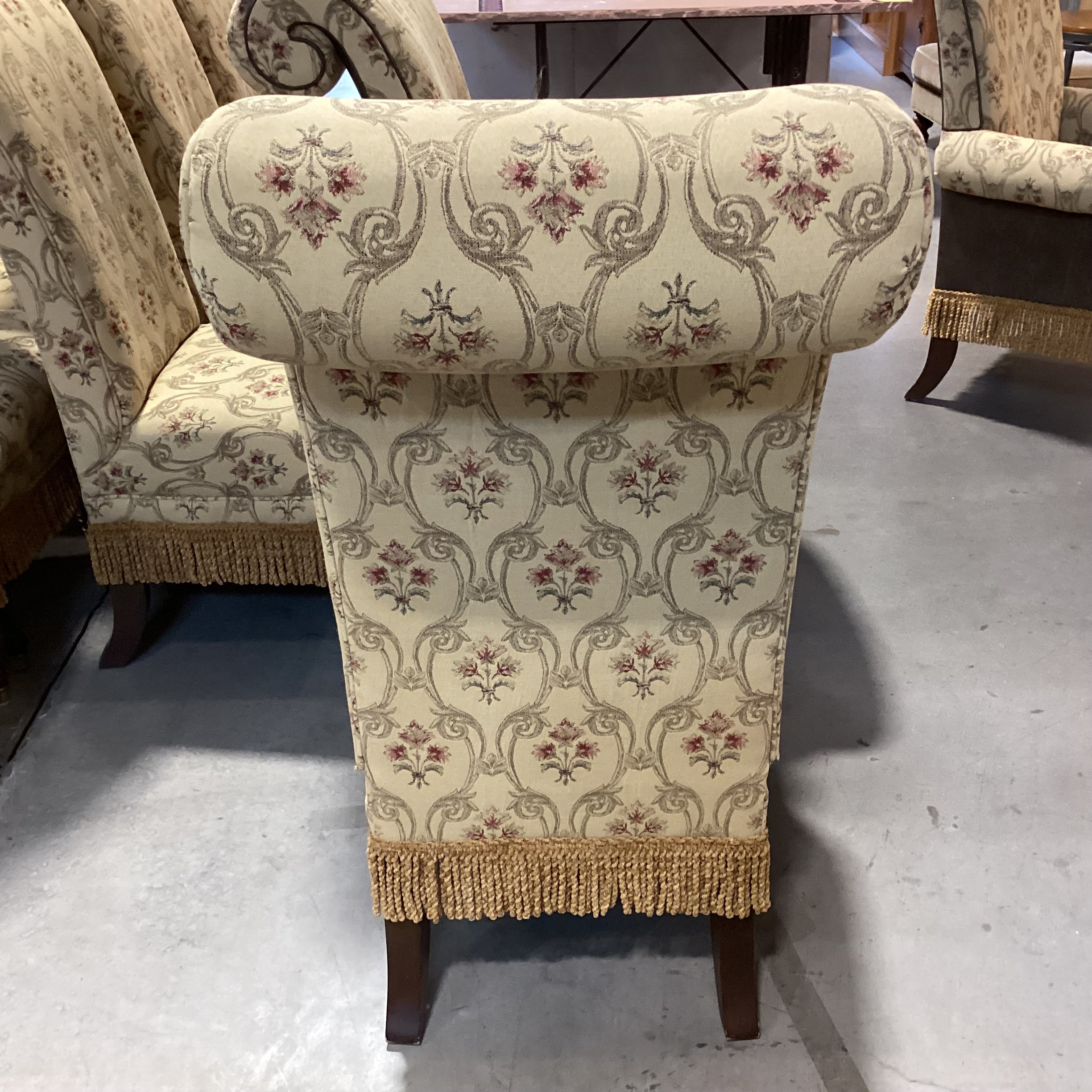 SET of 10 Custom Gold with Ornate Red Floral Leather & Fringe Roll Arm Back Dining Chairs 23"x 30"x 46"