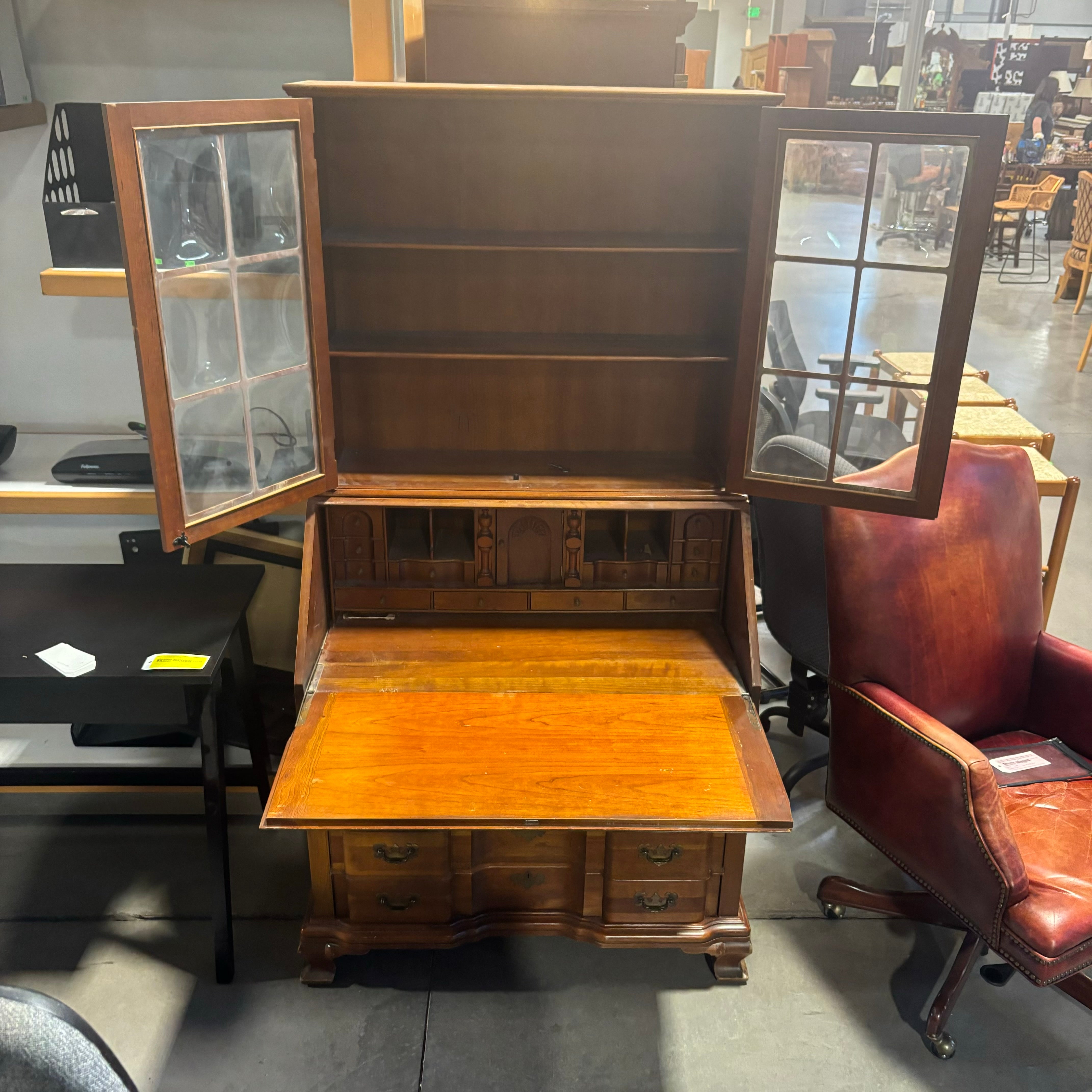 Solid Carved Wood 4 Drawer with 2 Bubble Glass Doors Secretary Desk 36"x 22"x 71"