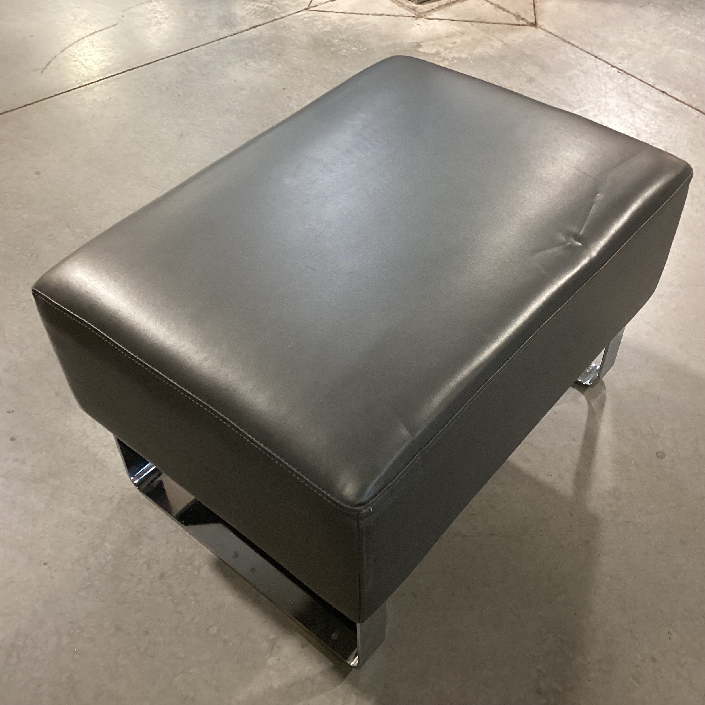 Grey Leather & Chrome Ottoman 28"x 20"x 18.5"