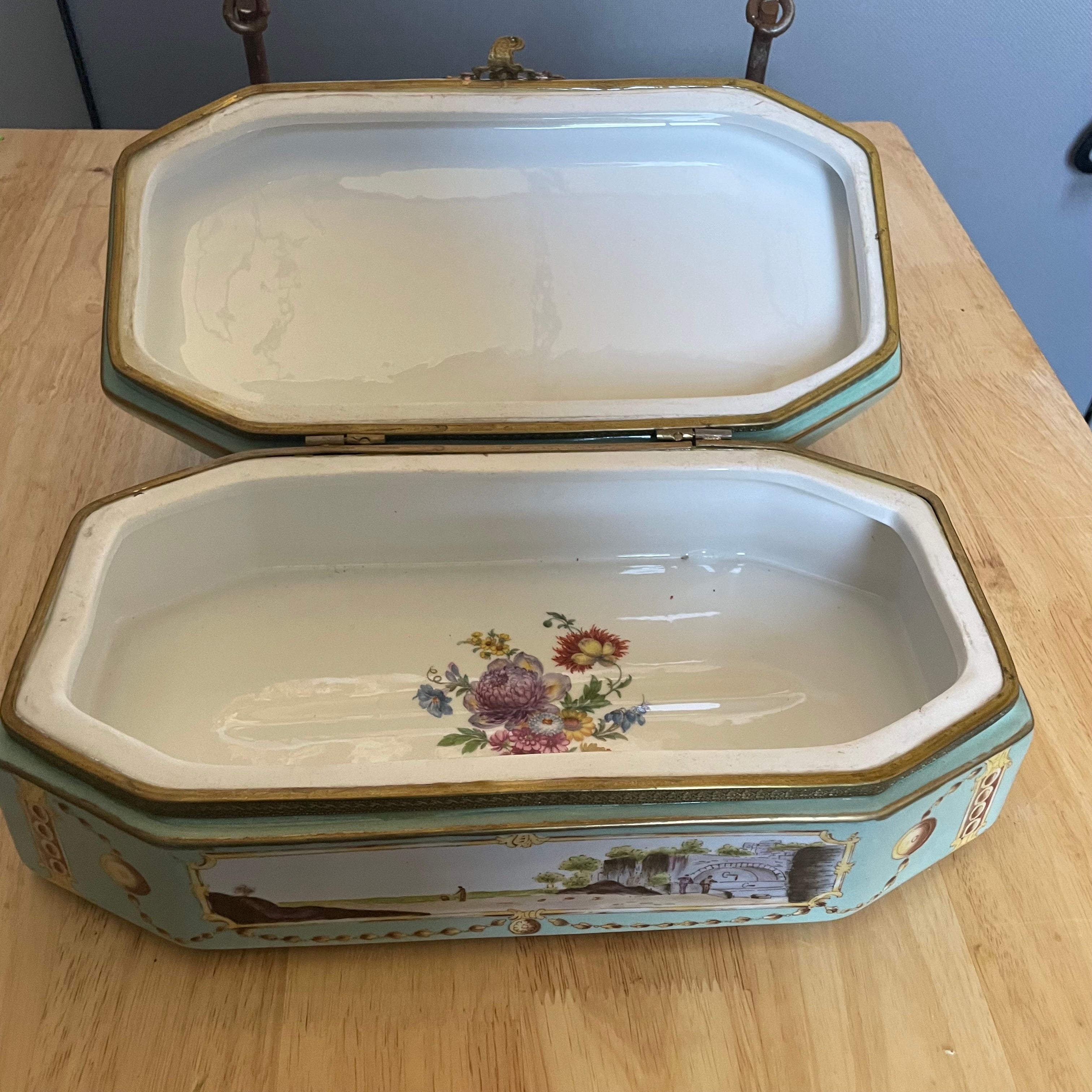 Vintage Meissen Style Reproduction Handpainted Porcelain Jewelry/Trinket Box 12"x 6.5"x 4"
