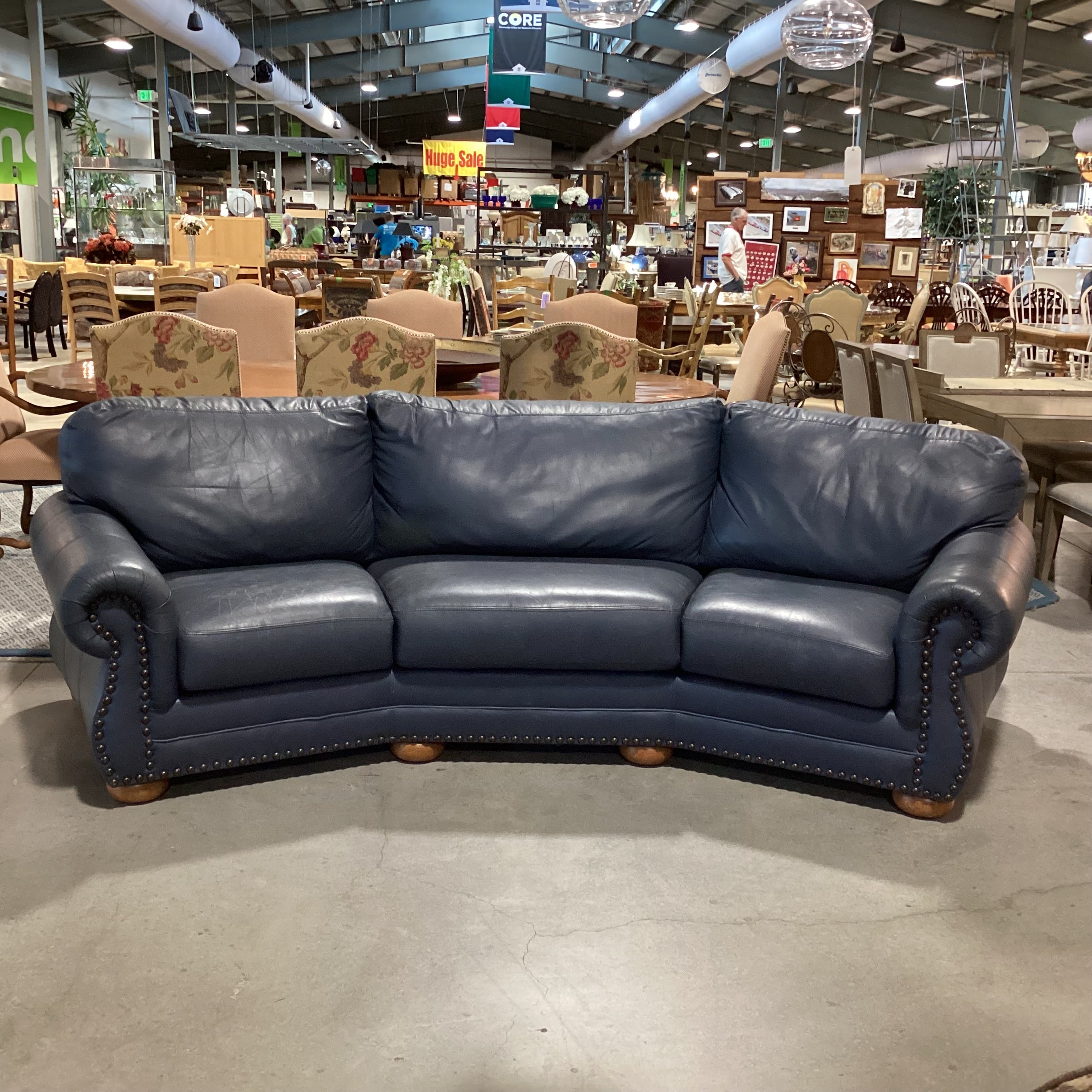 Creative Leather Furniture HighPoint Collection Angled Navy Leather Nailhead Sofa 120"x 54"x 36"