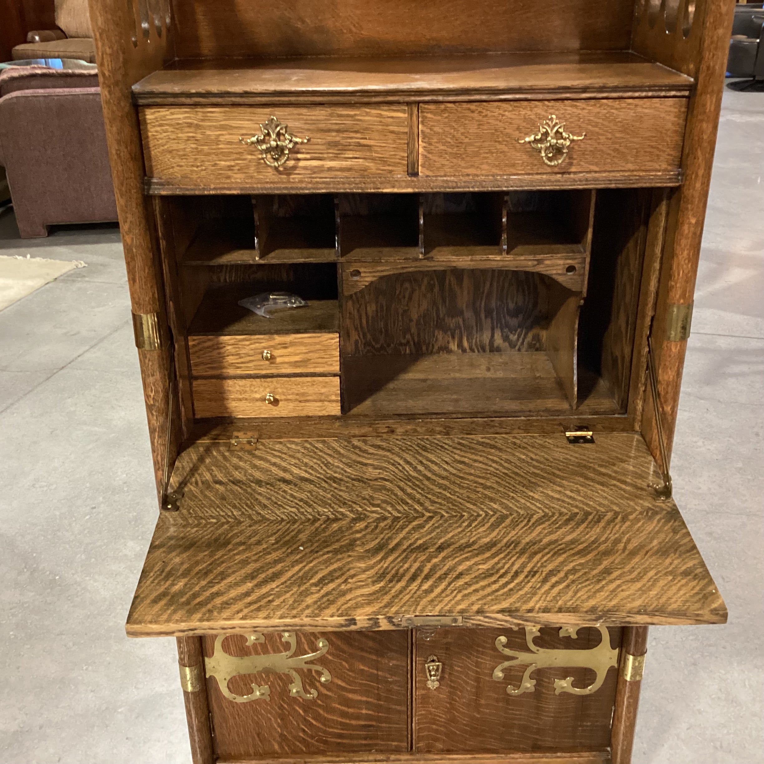 Antique Finished Quarter Sawn Oak with New Brass Embellishments Secretary Desk 29"x 14"x 58.5"