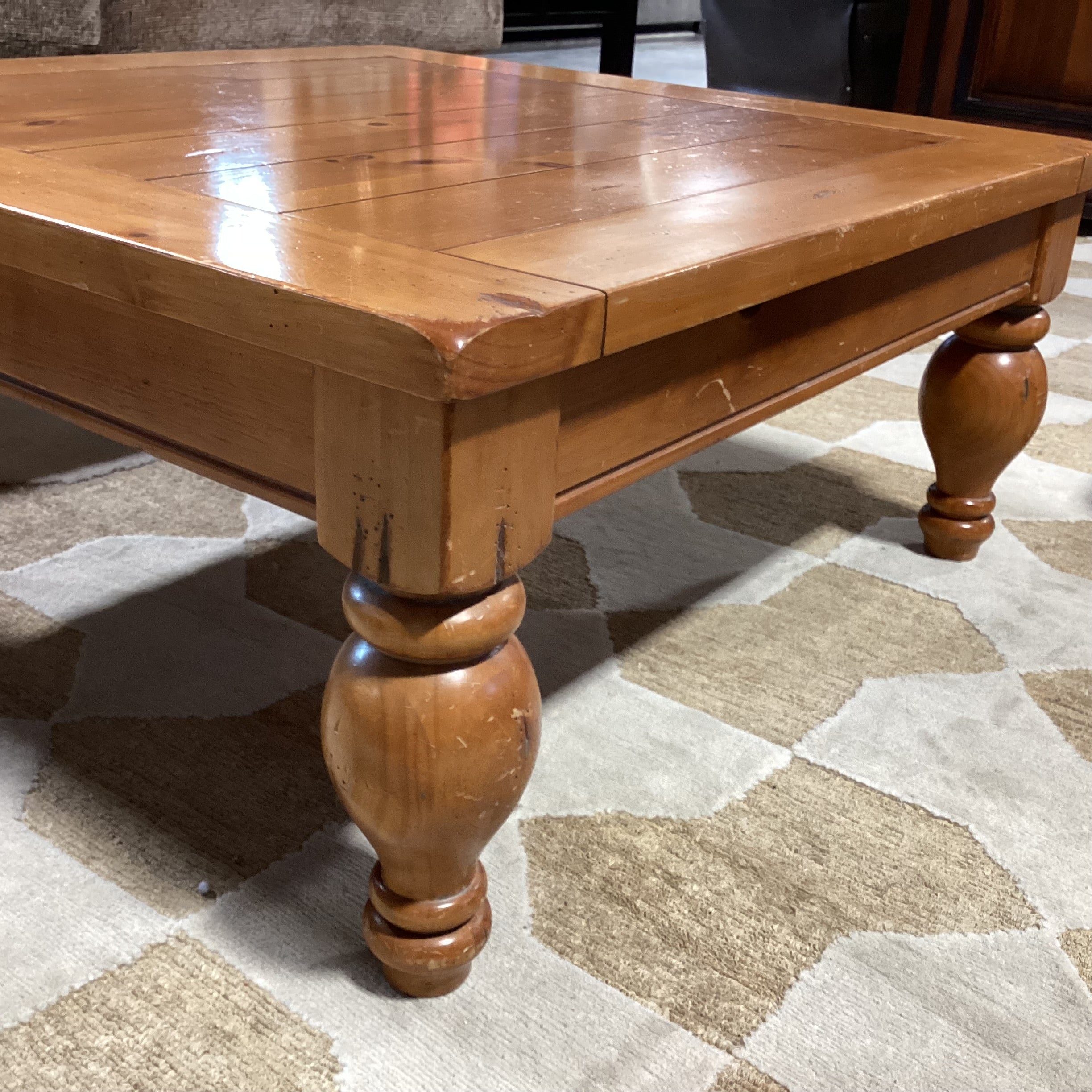 Finished Carved & Plank Pine Coffee Table 38"x 38"x 17"