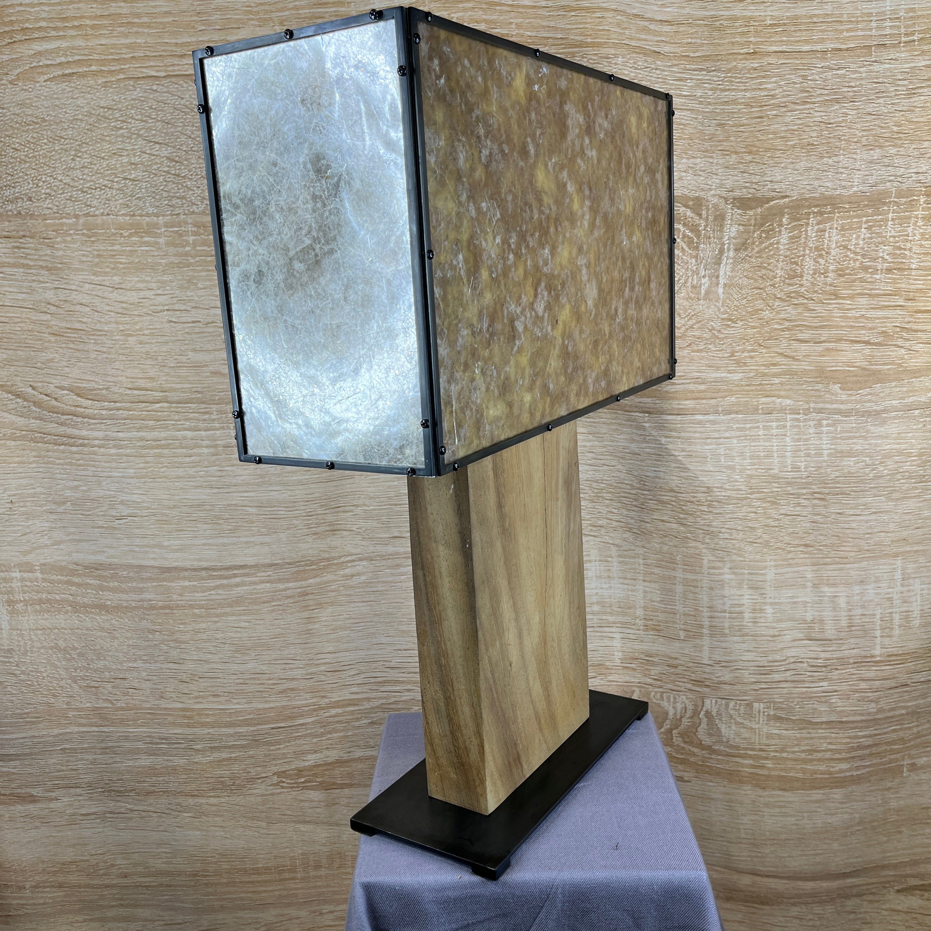 Custom Made 2-Light Iron and Light Finish Wood Base with Large Rectangular Iron and Mica Shade Table Lamp 20.5"x 8"x 27"