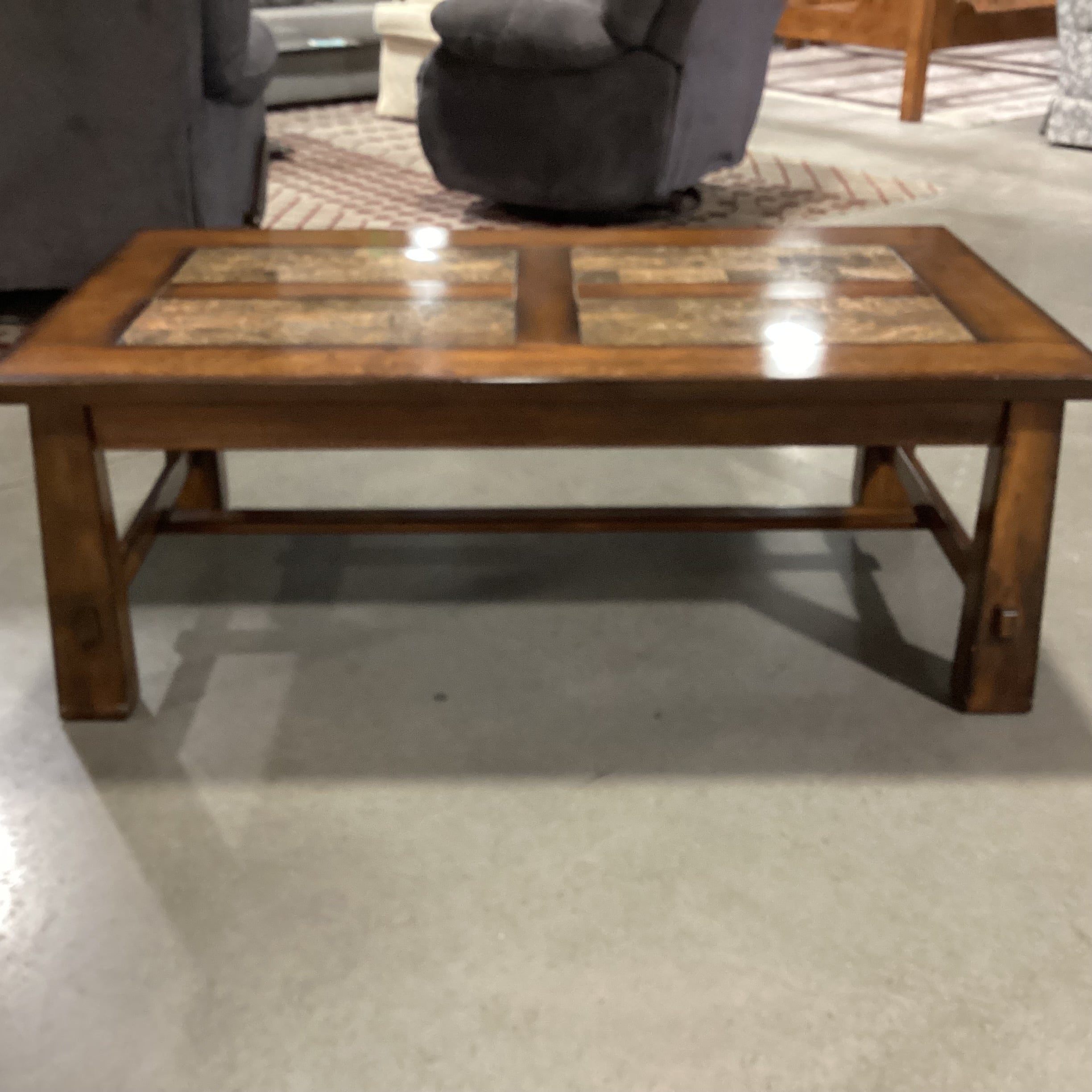 Dark Finish Wood & Faux Stone Coffee Table 50"x 28"x 18.5"