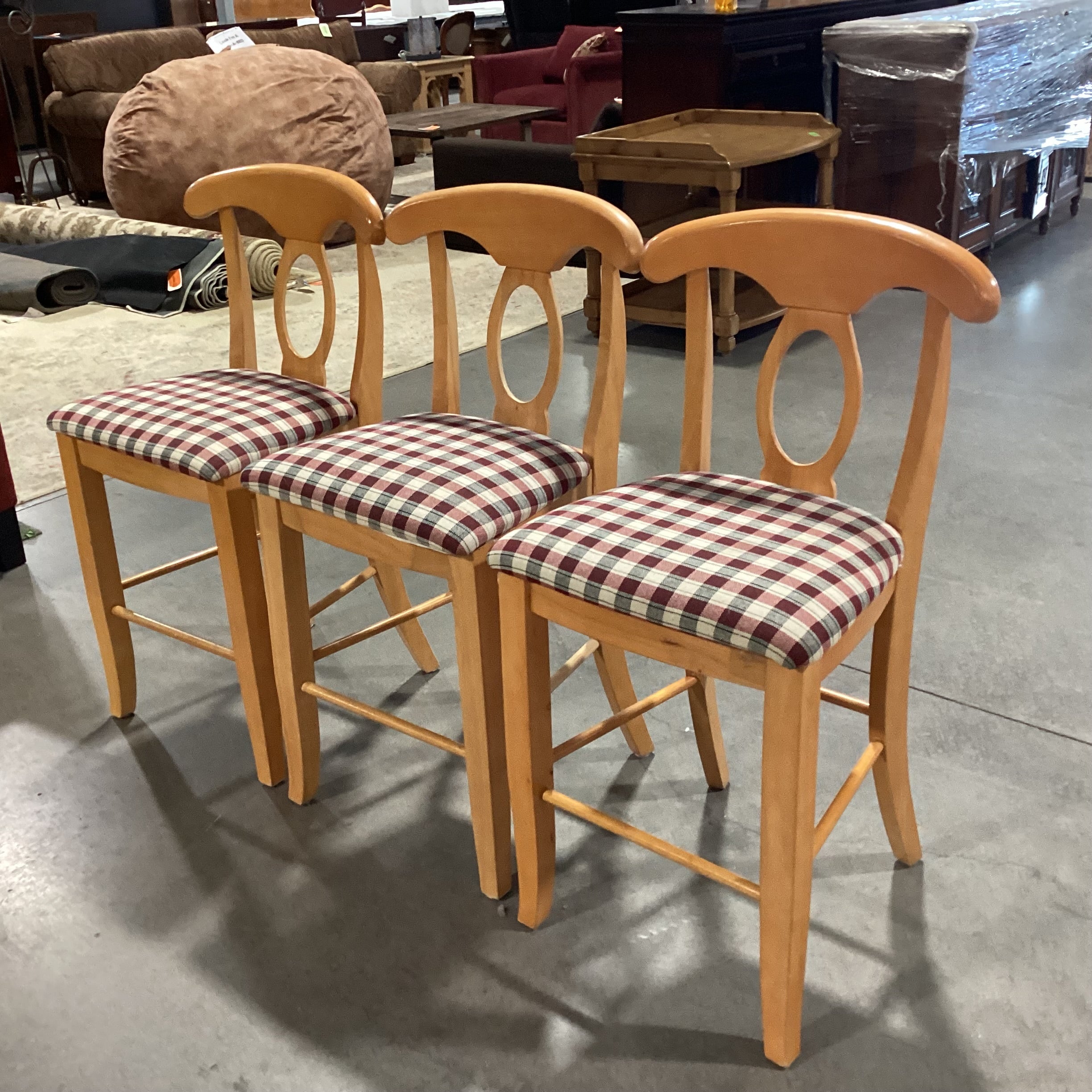 SET of 3 Pottery Barn Pine Napoleon Keyhole Back & Plaid Seat Barstools 25"