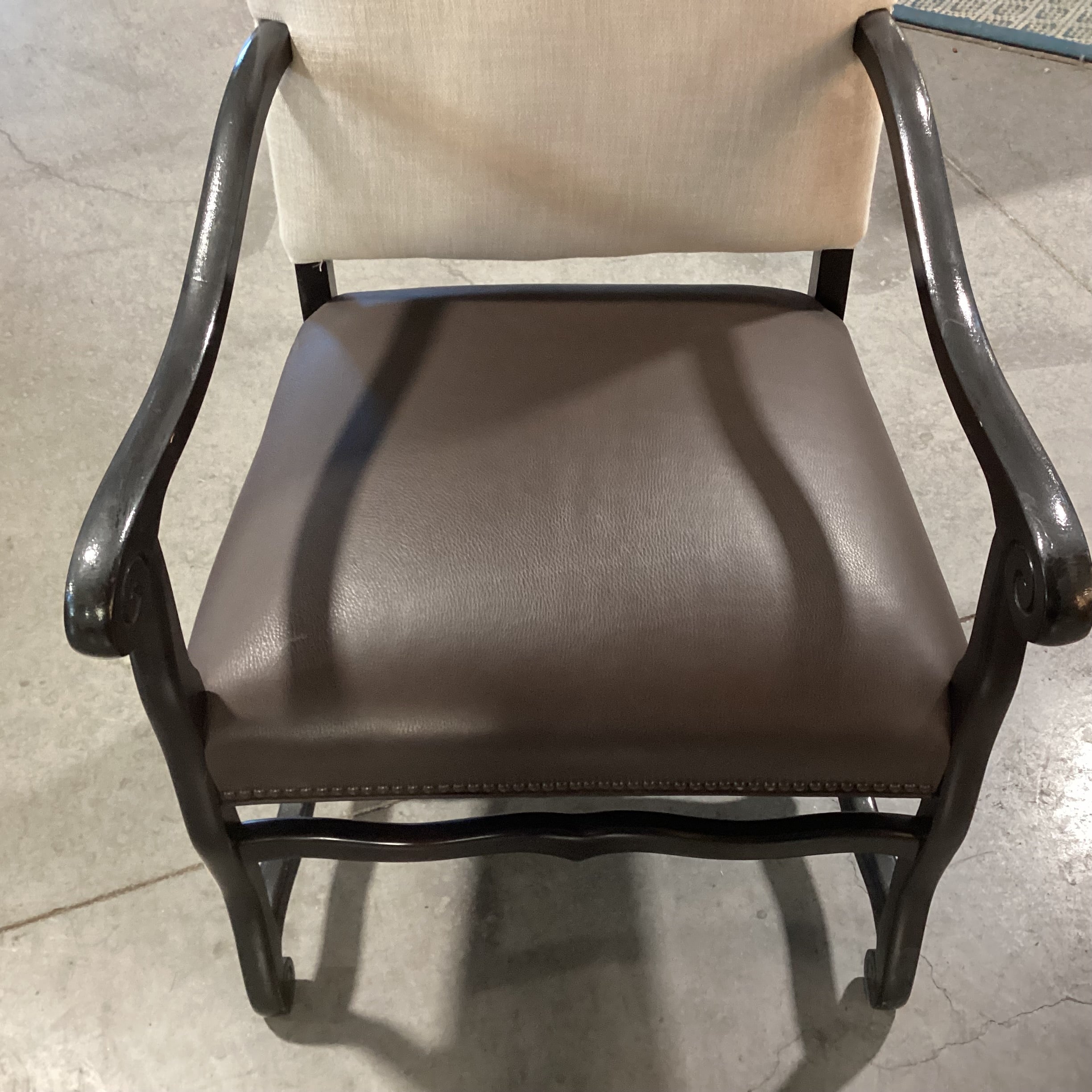 Black Carved Wood Leather Seat & Linen Nailhead Armed Dining Chair 25"x 26"x 42"