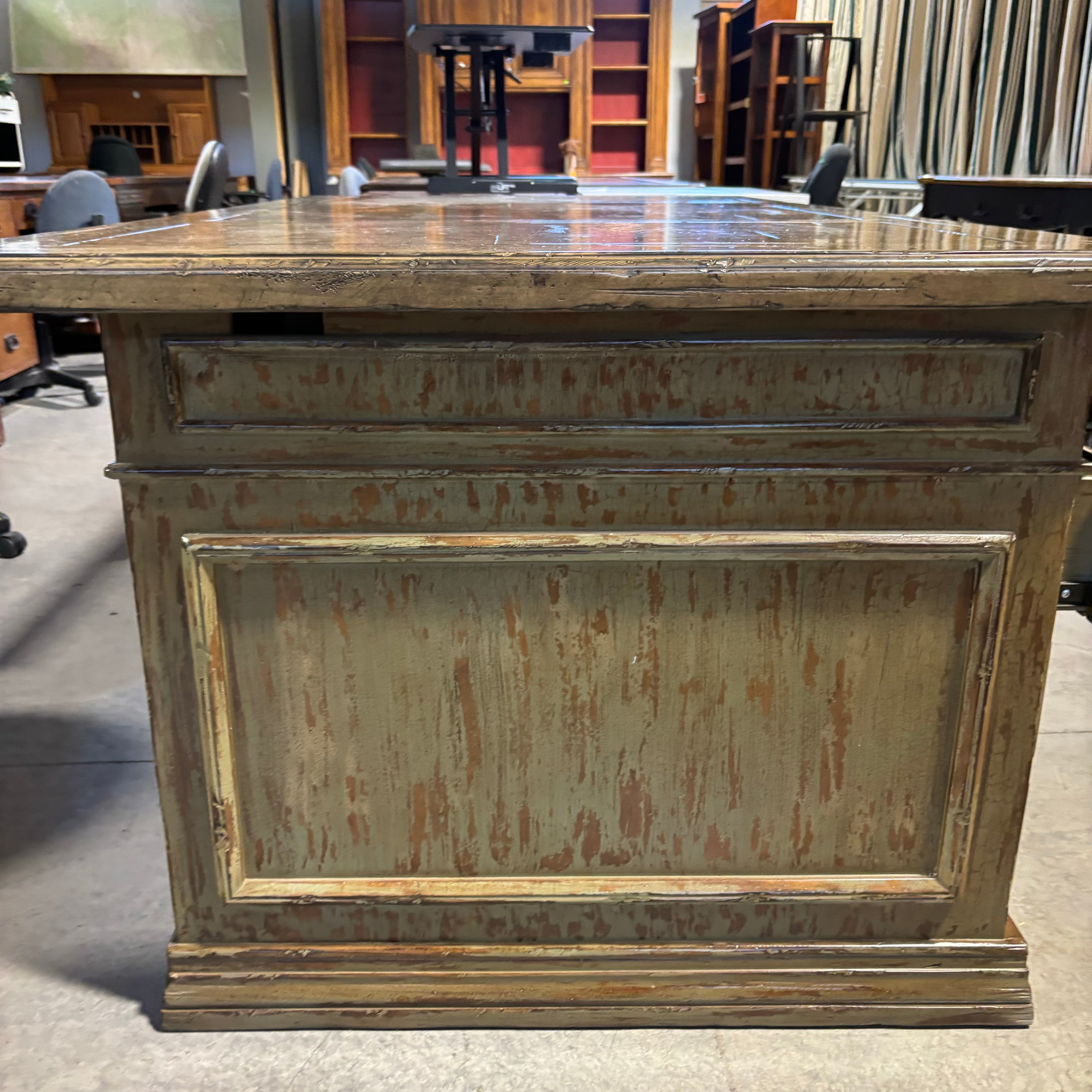 Antique Distressed Moss Finish 5 Drawer 1 Door with Dual Surface Pullouts Desk 74"x 41"x 30.5"