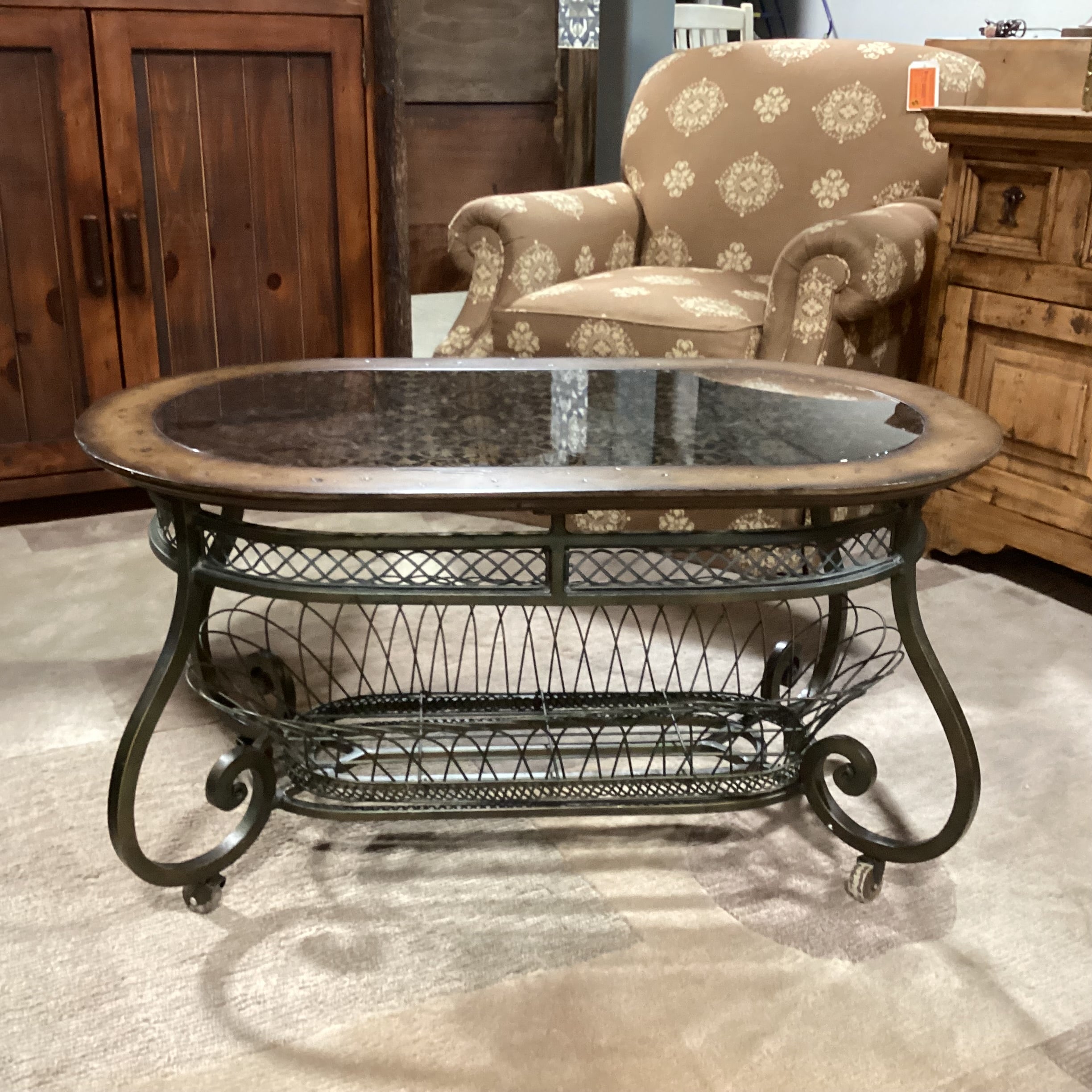 Distressed Wood & Metal with Black Detailed Leaf Design Glass on Casters Coffee Table 38"x 21.5"x 20"