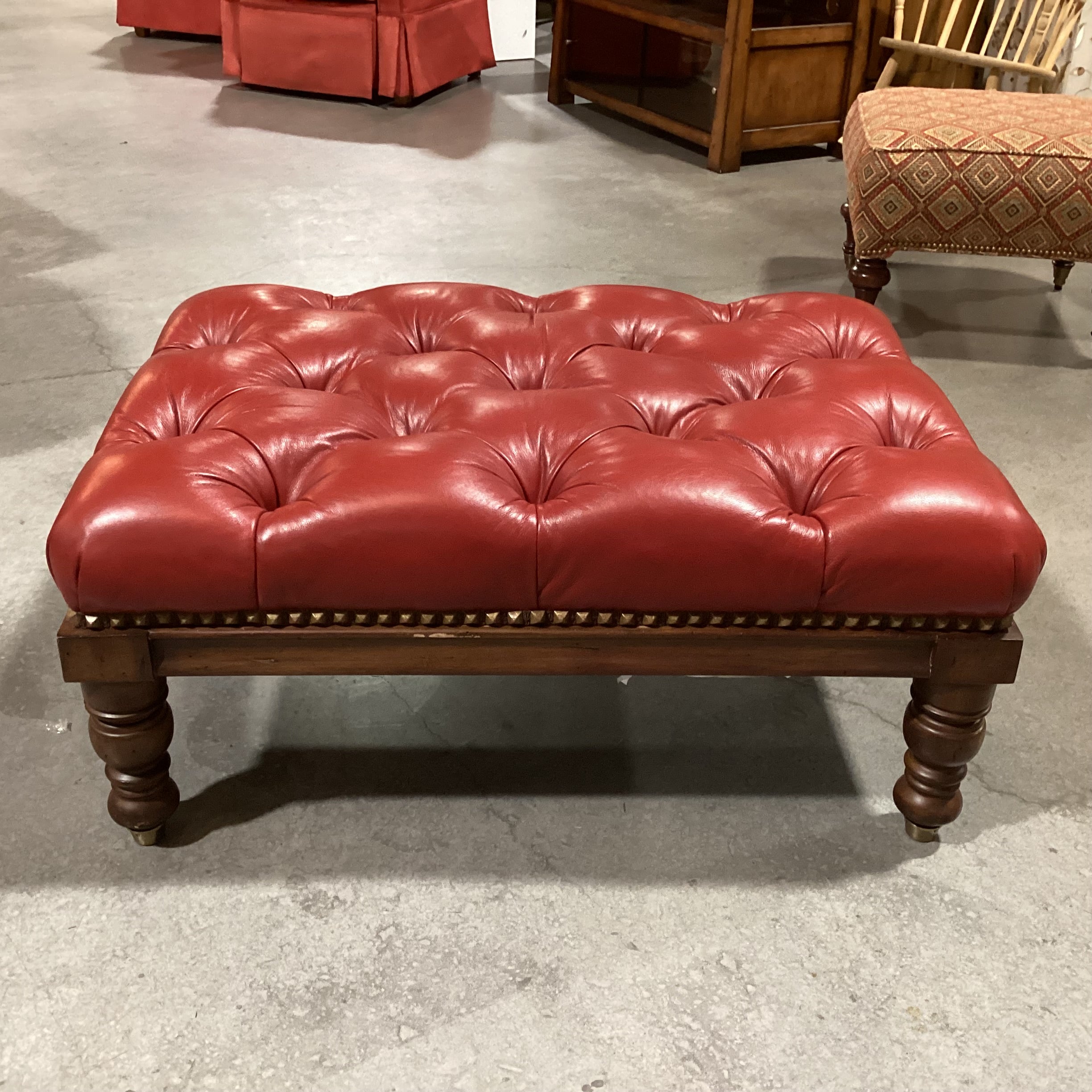 Pearson Furniture Red Leather Tufted & Carved Wood Ottoman 39"x 28"x 18"