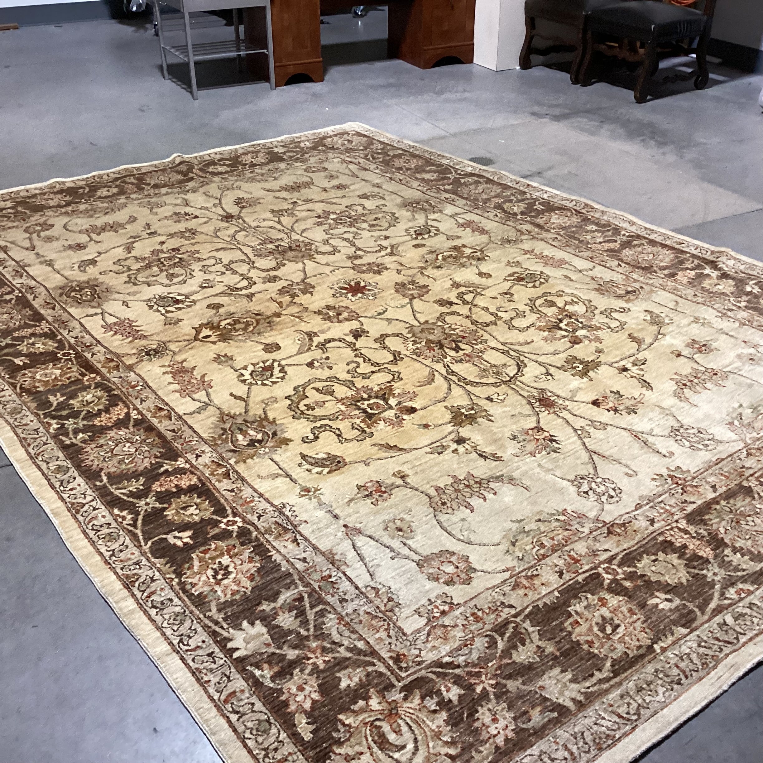 Cream Brown Rust Floral with Border Hand Woven Wool Rug 8'10"x 12'