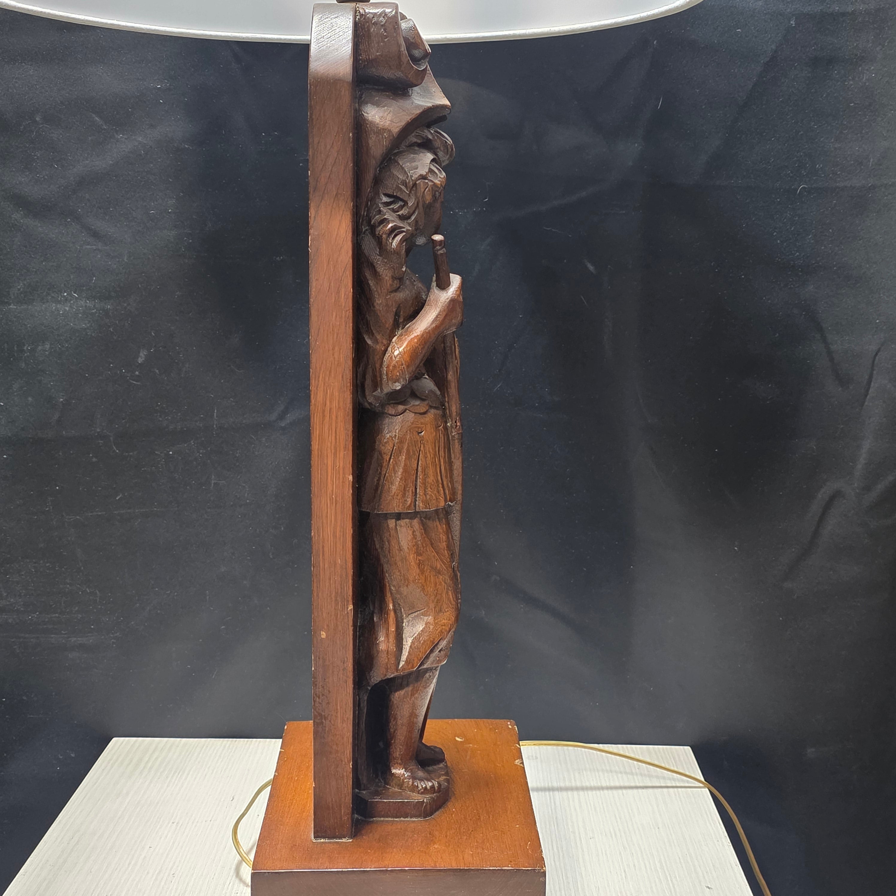 60's - 70's Walnut Wood Medieval Revival Hand Carved Table Lamp 17.5" D x 34.5"
