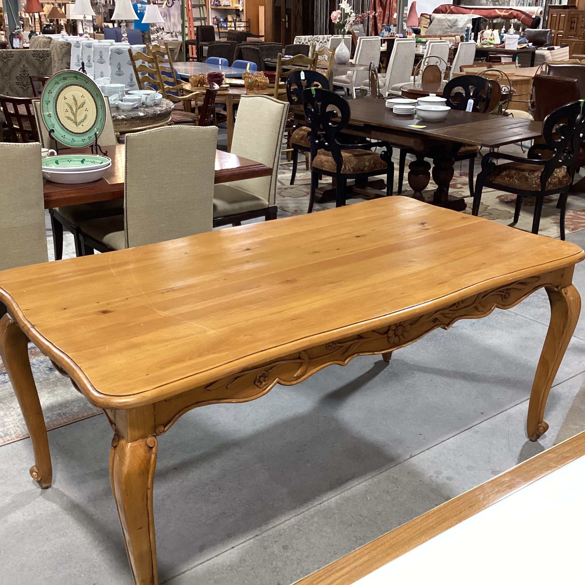 French Country with Carved Detail Finished Pine Dining Table 72"x 38.5"x 32"