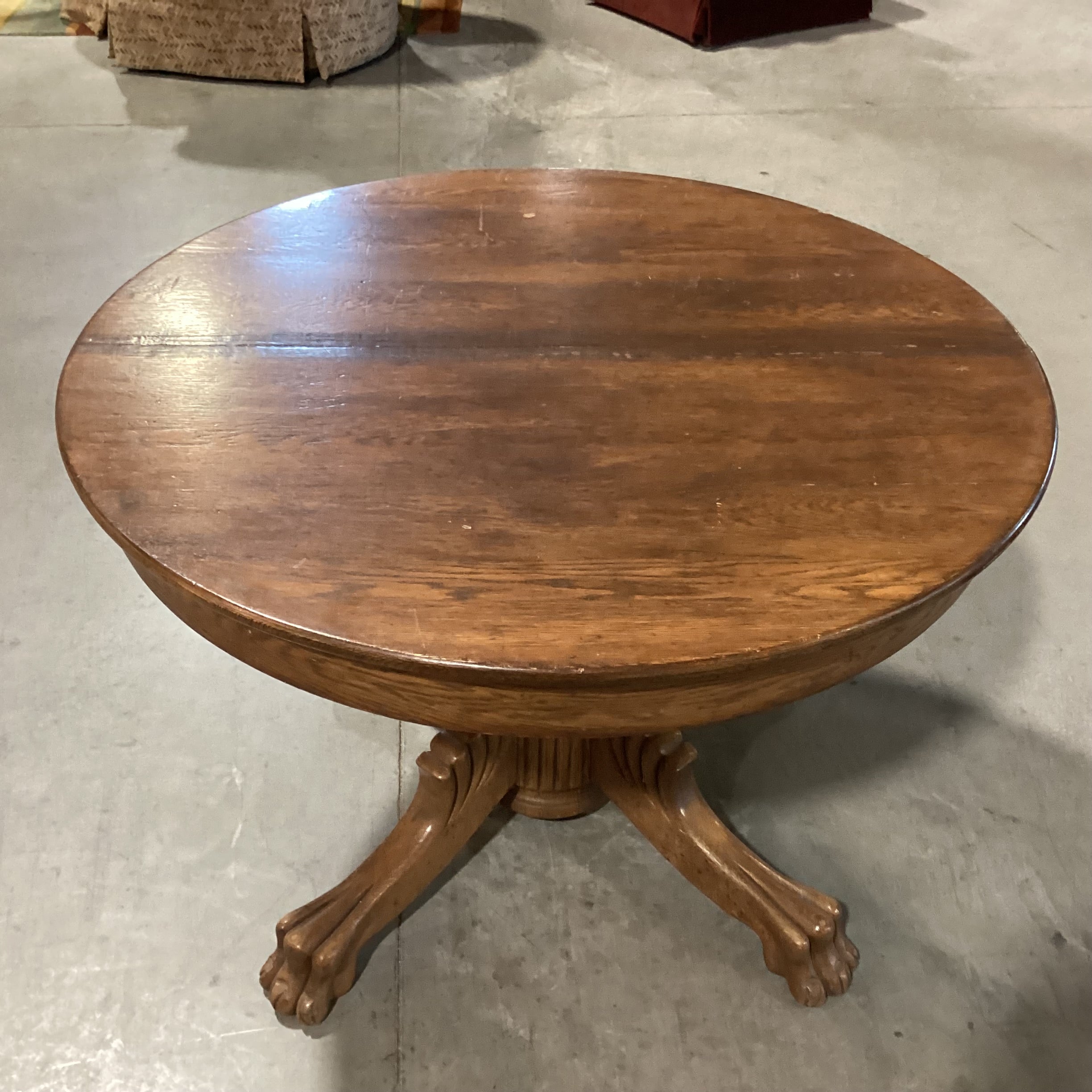 Antique Carved Oak Clawfoot Round Dining Table 42" Diameter x 28"