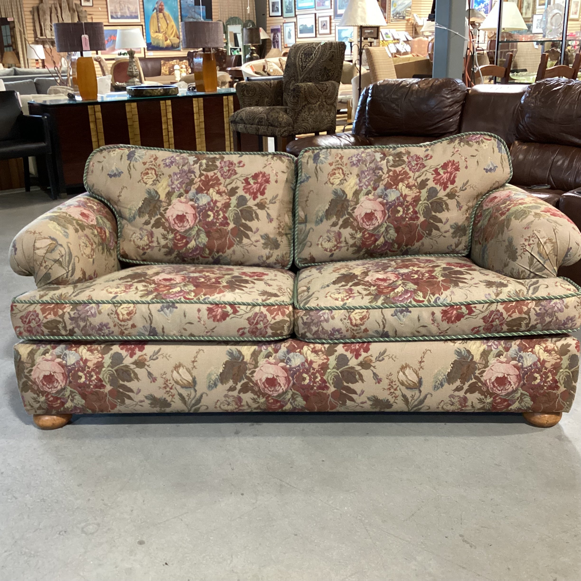 D. Langston Floral Needledpoint Style with Piping & Downmix Sofa 76"x 39"x 29"